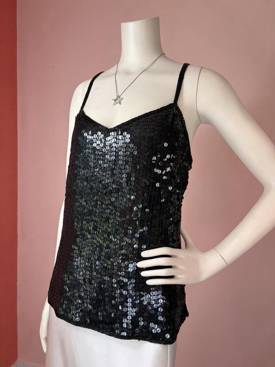 VTG 80s 90s Joan Leslie Black Silk Sequin Beaded Camisole formal Top Cocktail L