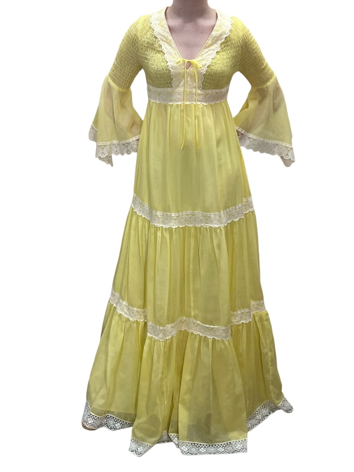 S Vtg 70s Yellow Maxi Dress Tiered Skirt Candi Jones Cottage Prairie Boho