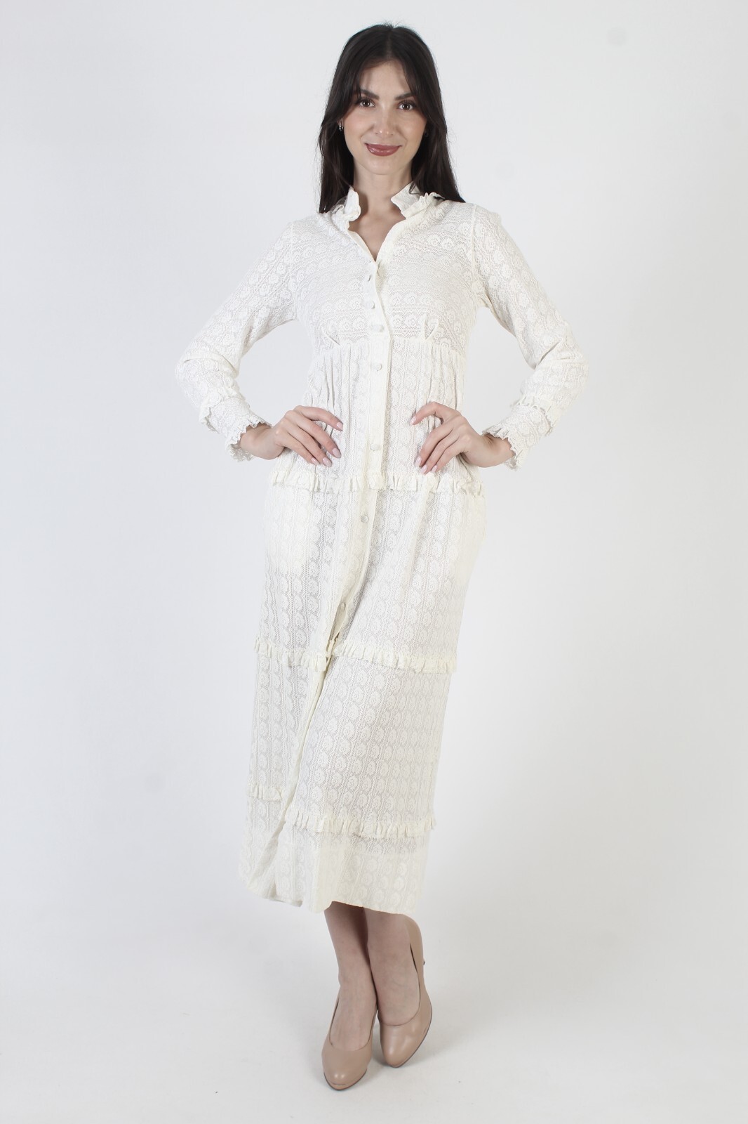 Vintage Plain White Lace Dress Button Up Victorian Tiered Sheer High Waist Midi