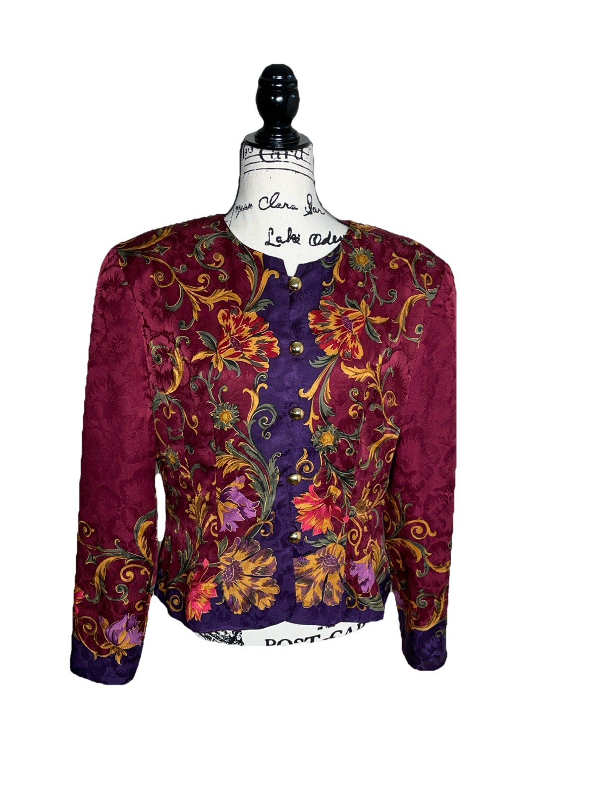 Maggy London Vintage Multi Color Floral Print 100% Silk Button Down Jacket 12
