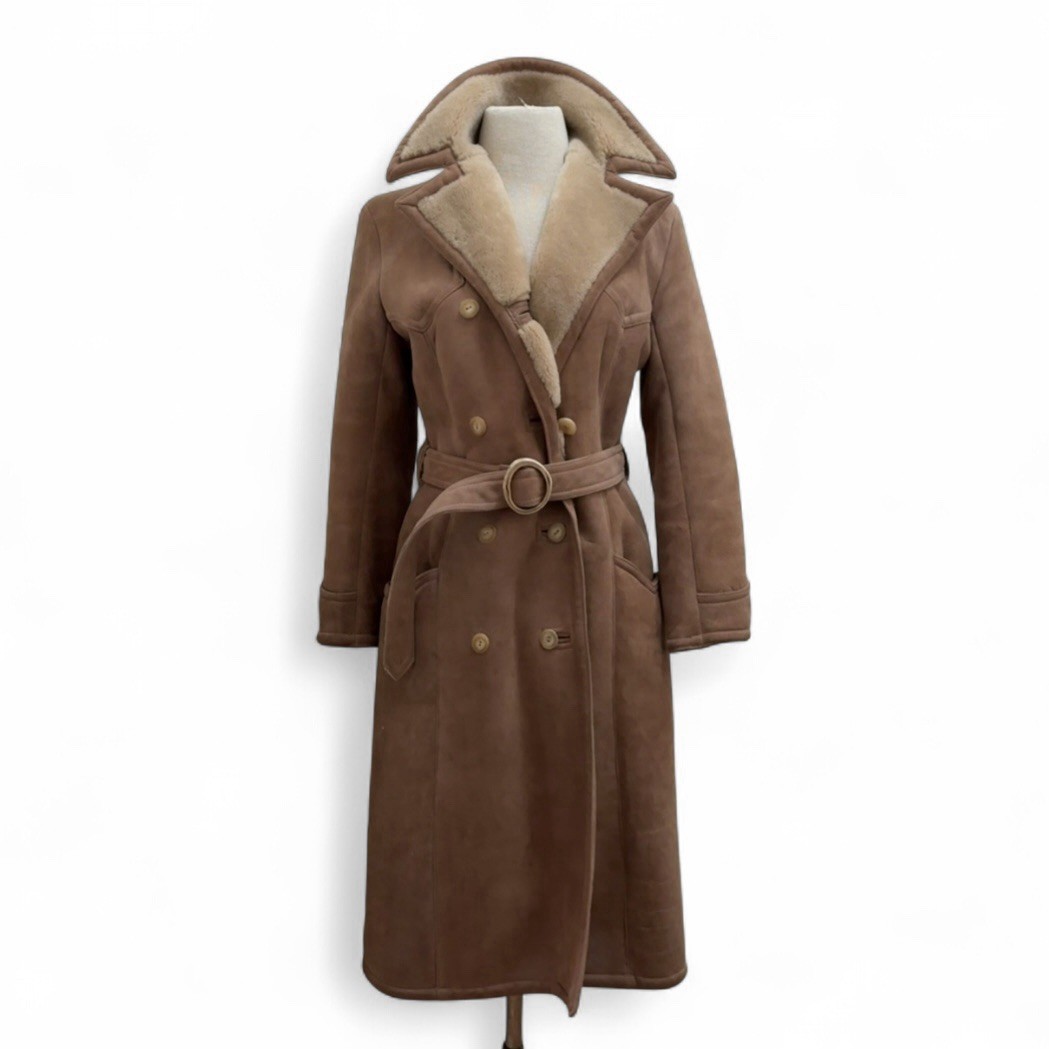 Vintage 70s Abercrombie & Fitch Tan Penny Lane Shearling Trench Coat Size S/M