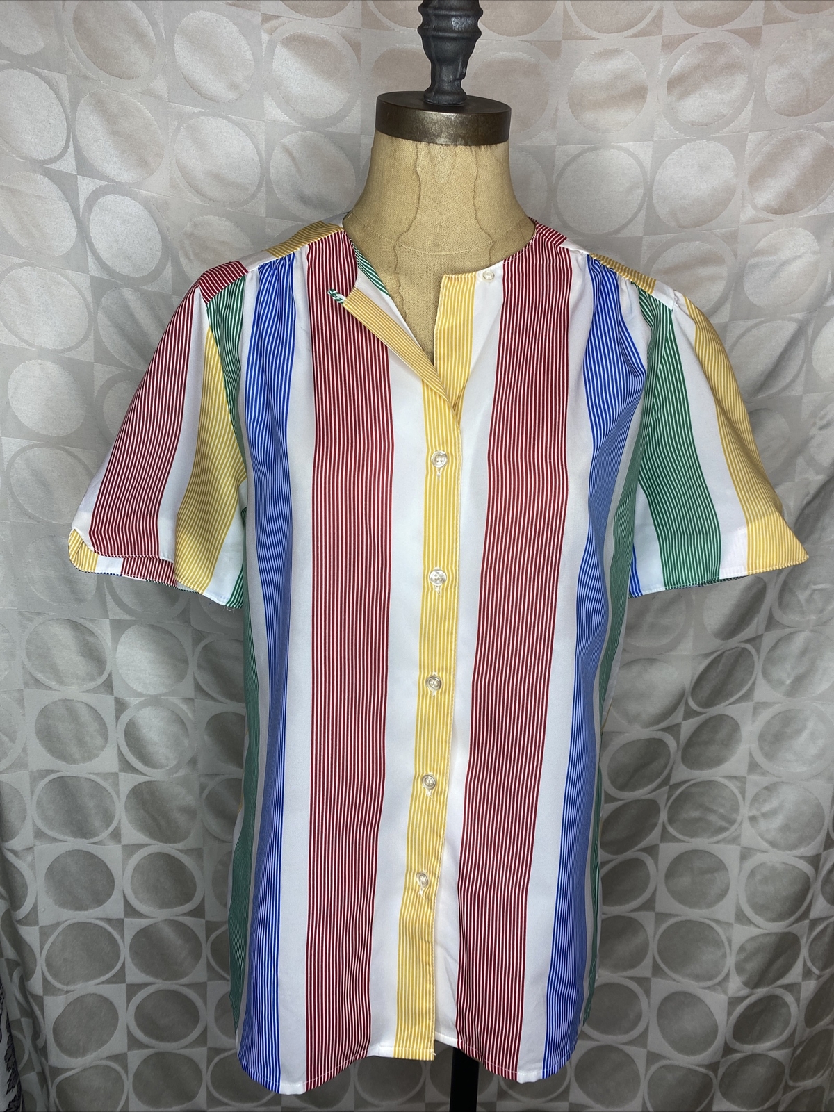 Vtg Rainbow Button Up Short Sleeve Top Blouse USA Made Lady Arrow Mistique