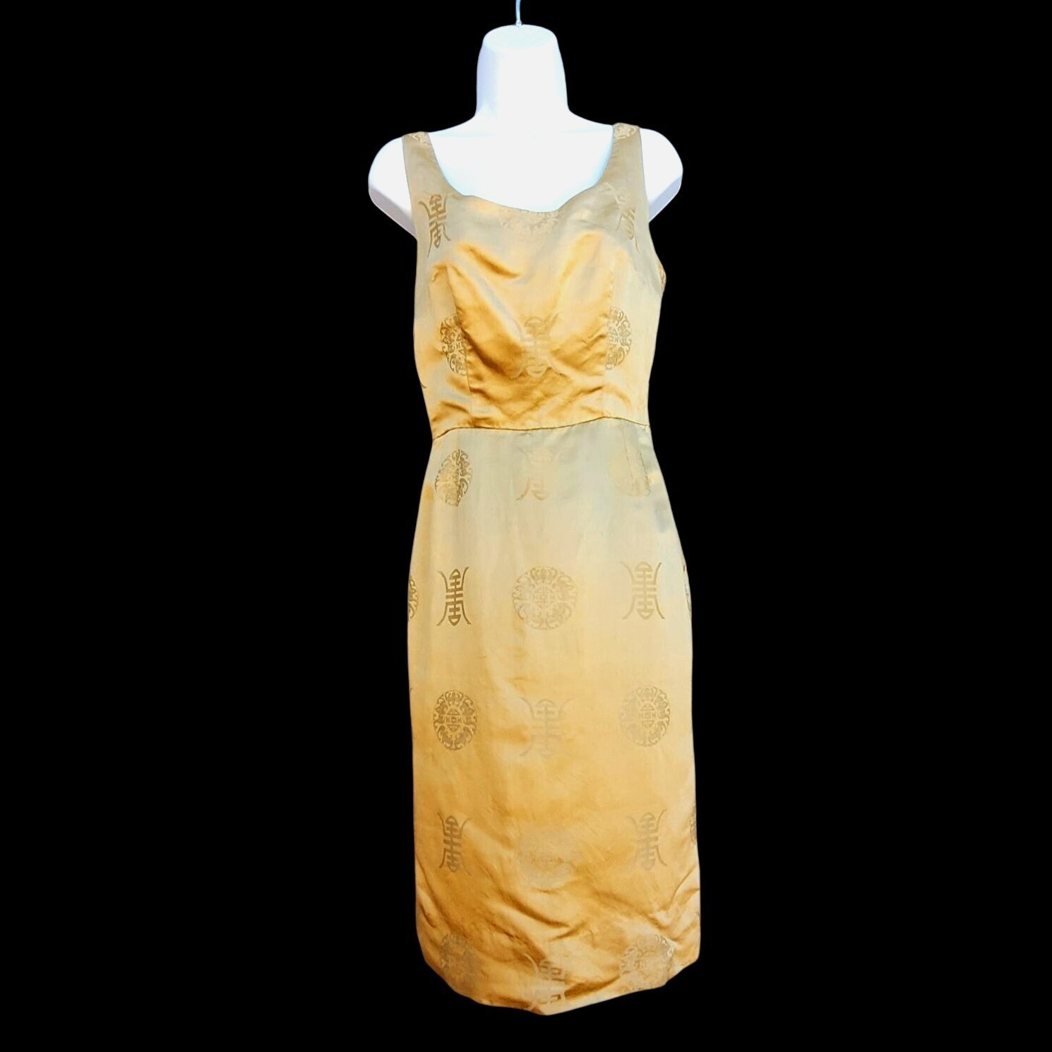1950s Pin Up Wiggle Dress 10 Curvy Gold Chinese Brocade Rockabilly 25″ Waist