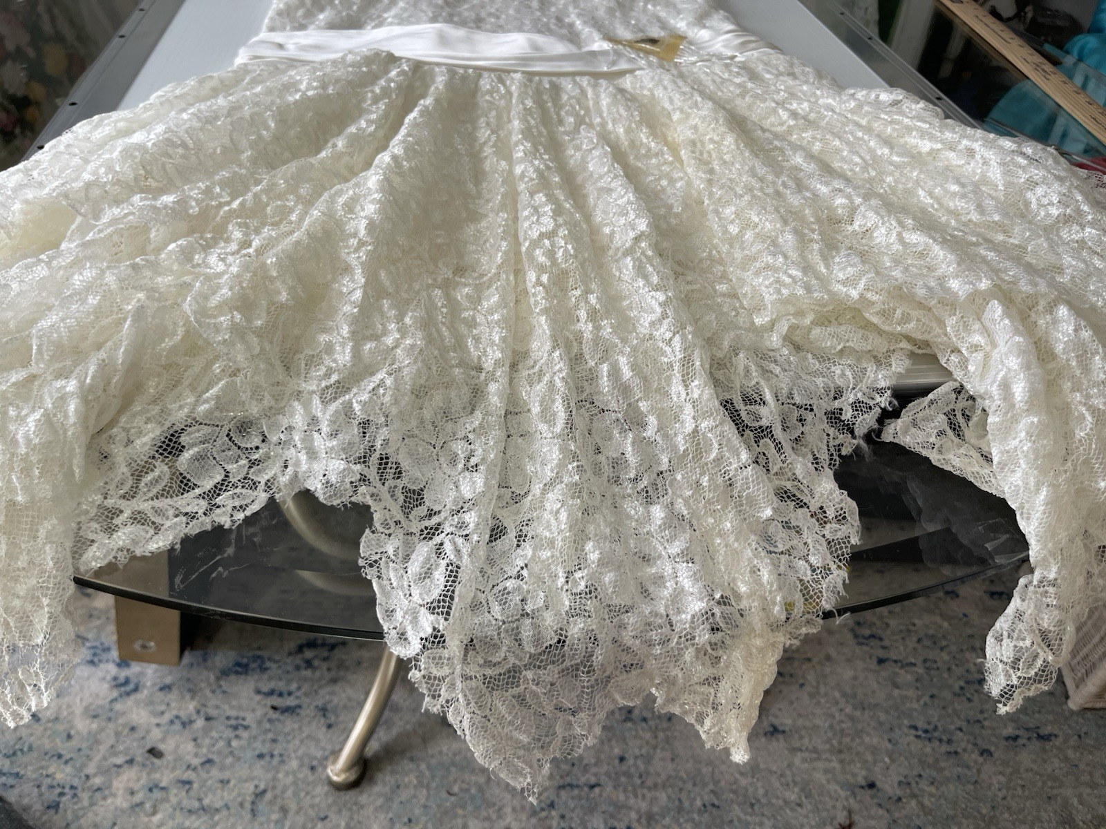 Vintage Victorian 80’s White Lace And Sequin Drop Waist Dress Asymmetrical Hem