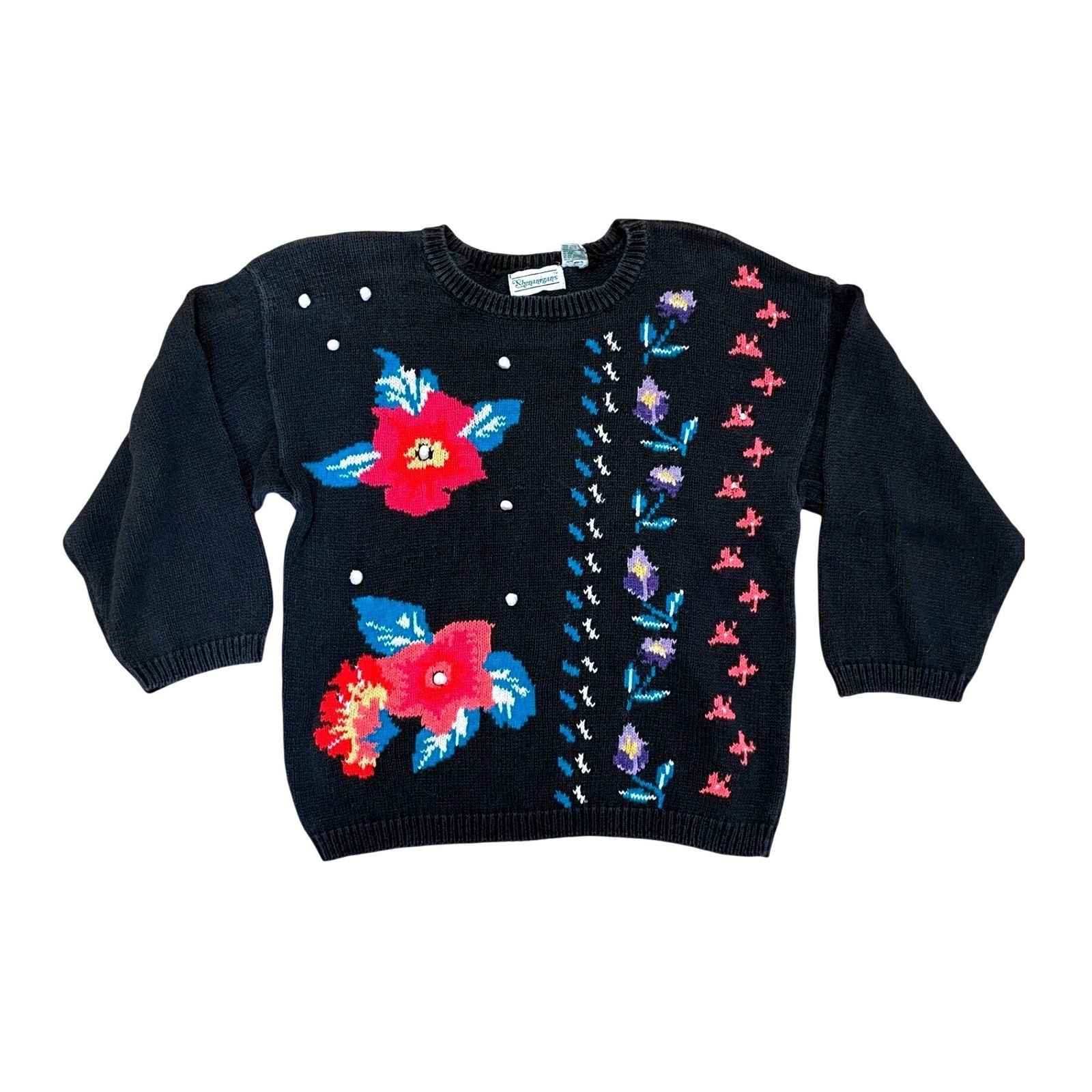Vintage Floral Knit Sweater Black Ramie Cotton Shenanigans Medium