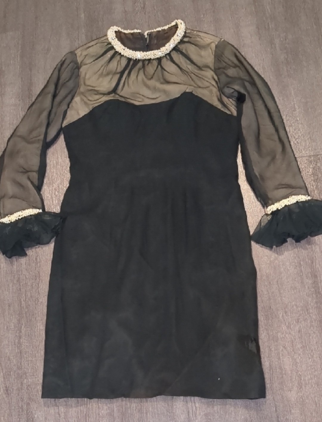 Vintage 60s Lilli Diamond Black Sheer Long Sleeve Wiggle Dress Pearl Beaded