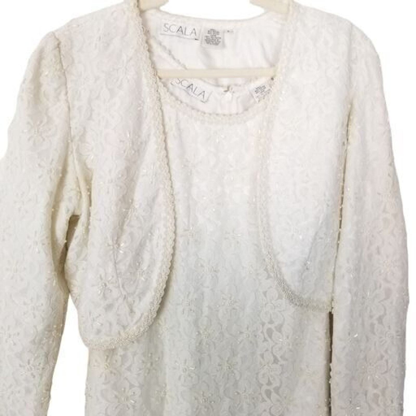 VTG Scala Womens S Ivory Beaded 2-Piece Long Sleeves Maxi Formal Gown Dress