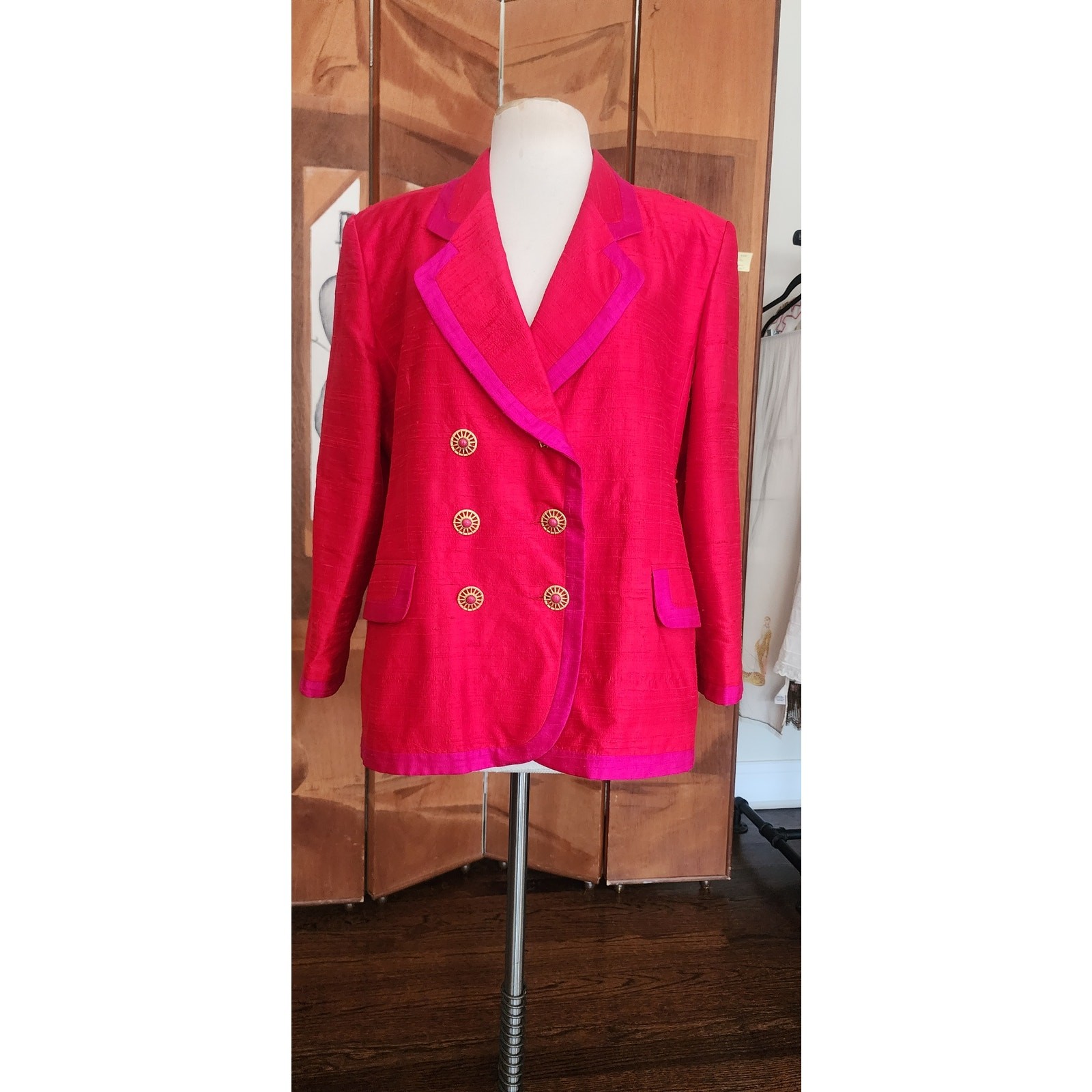 Vintage 1990s Mondi Blazer Silk Colorblock Double Breasted Red Pink Jacket