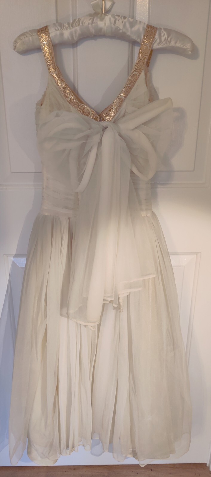 IVORY ANTIQUE HANDMADE DRESS TULLE NICOLE MILLER STYLE BOW GOLD AUDREY HEPBURN 