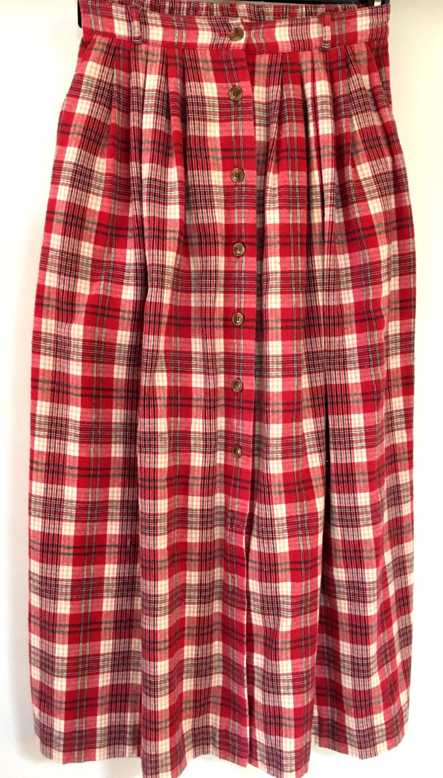 Vtg Orvis Red Plaid Flannel Pleated Midi Skirt Pockets & B-Loops Sz 8/ 26″x 34″