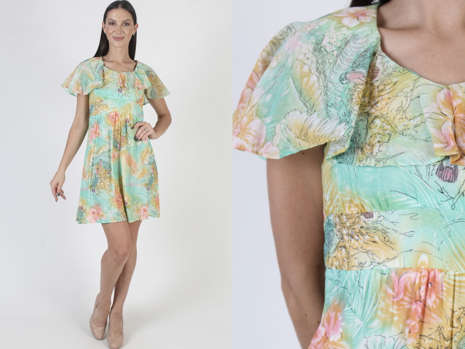 Vintage 70s Tropical Toucan Sun Dress Bright Floral Ruffle Garden Safari Mini