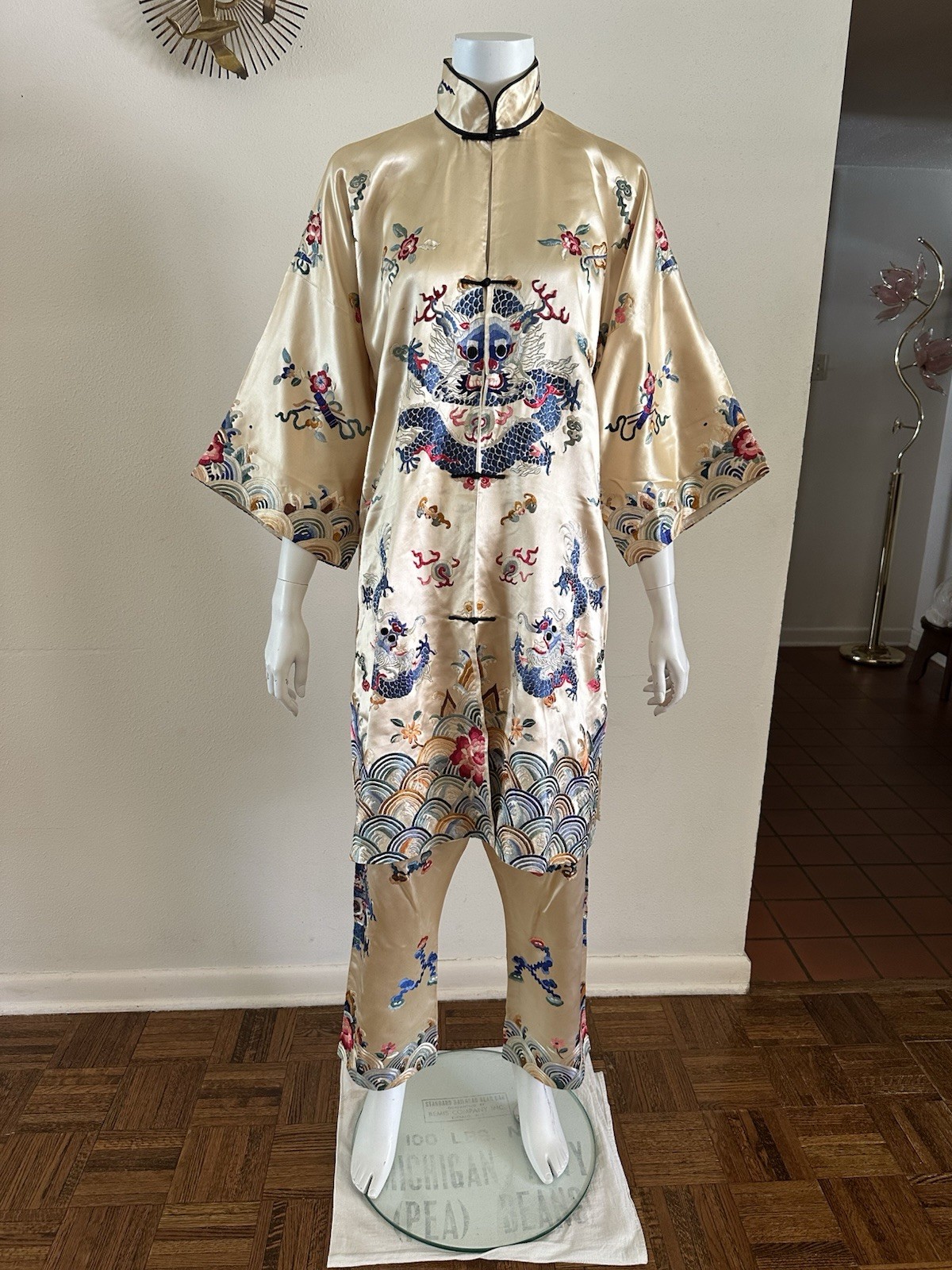 1930s 2pc Chinese Silk Satin Embroidered Dragon Lishui Wave Robe Pants Set Talon