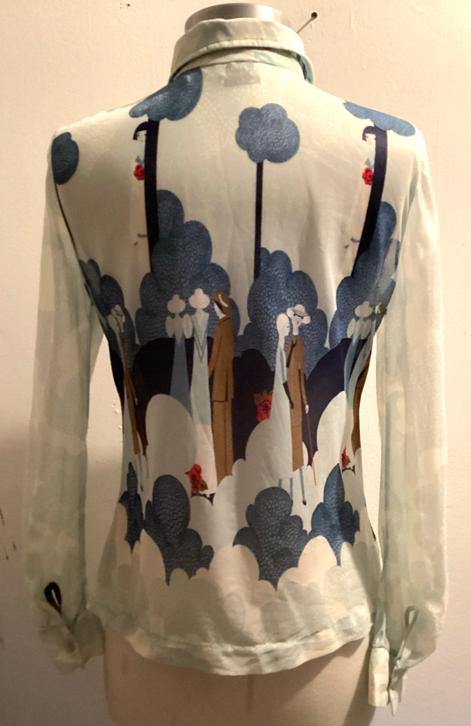 vintage 70’s sheer tricot novelty print disco dagger collar shirt sz S