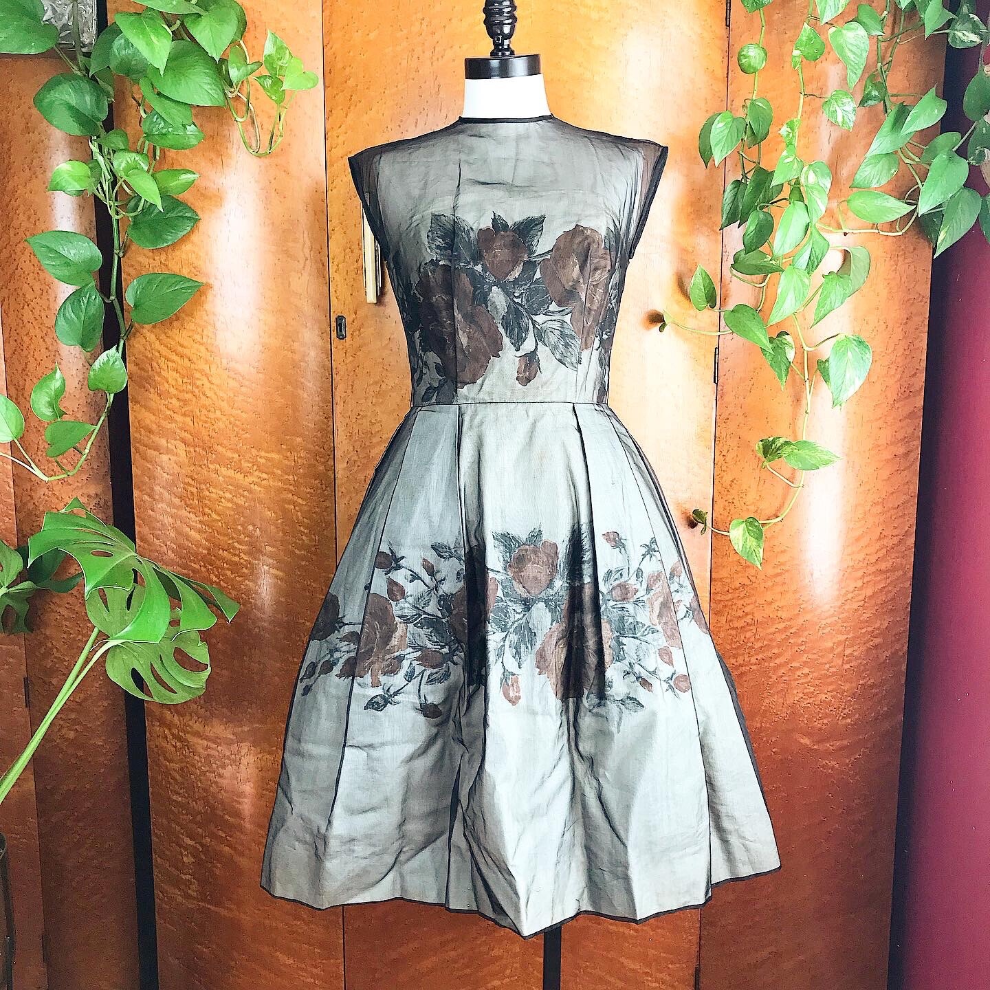 ORANGE ROSES 1950’s 50s Vintage Rose Print Black Organza Party Cocktail Dress S