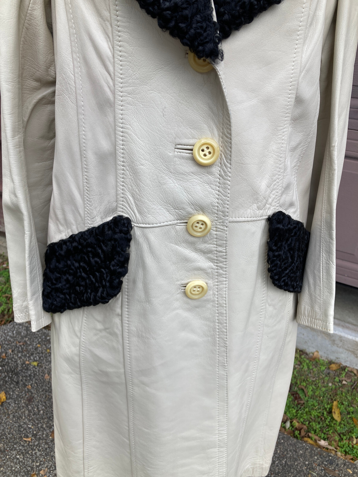 Leda Spain Gropper leather coat long curly fur vintage imperfect cream sz 12