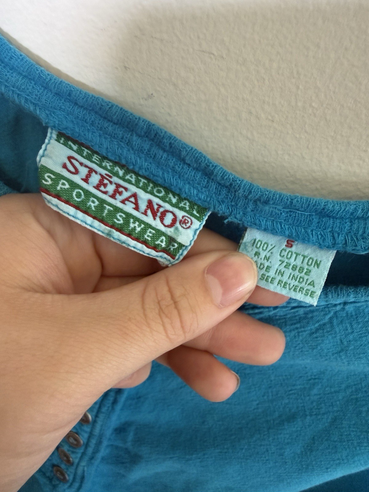 Vintage 90s International Stefano Henley Sleeveless Top Teal Blue Graphic Medium