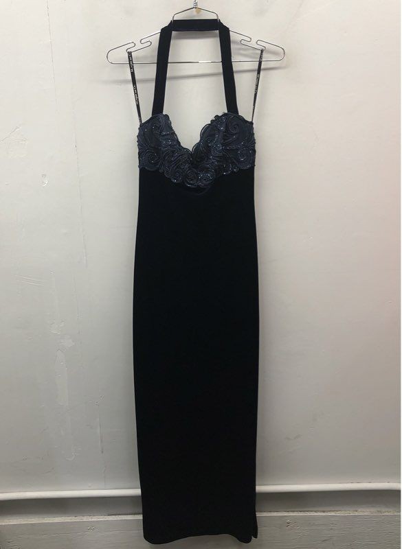 Vintage 90s Morgan and Co. Women’s Navy Blue Velvet Sequin Halter Gown Dress 3/4