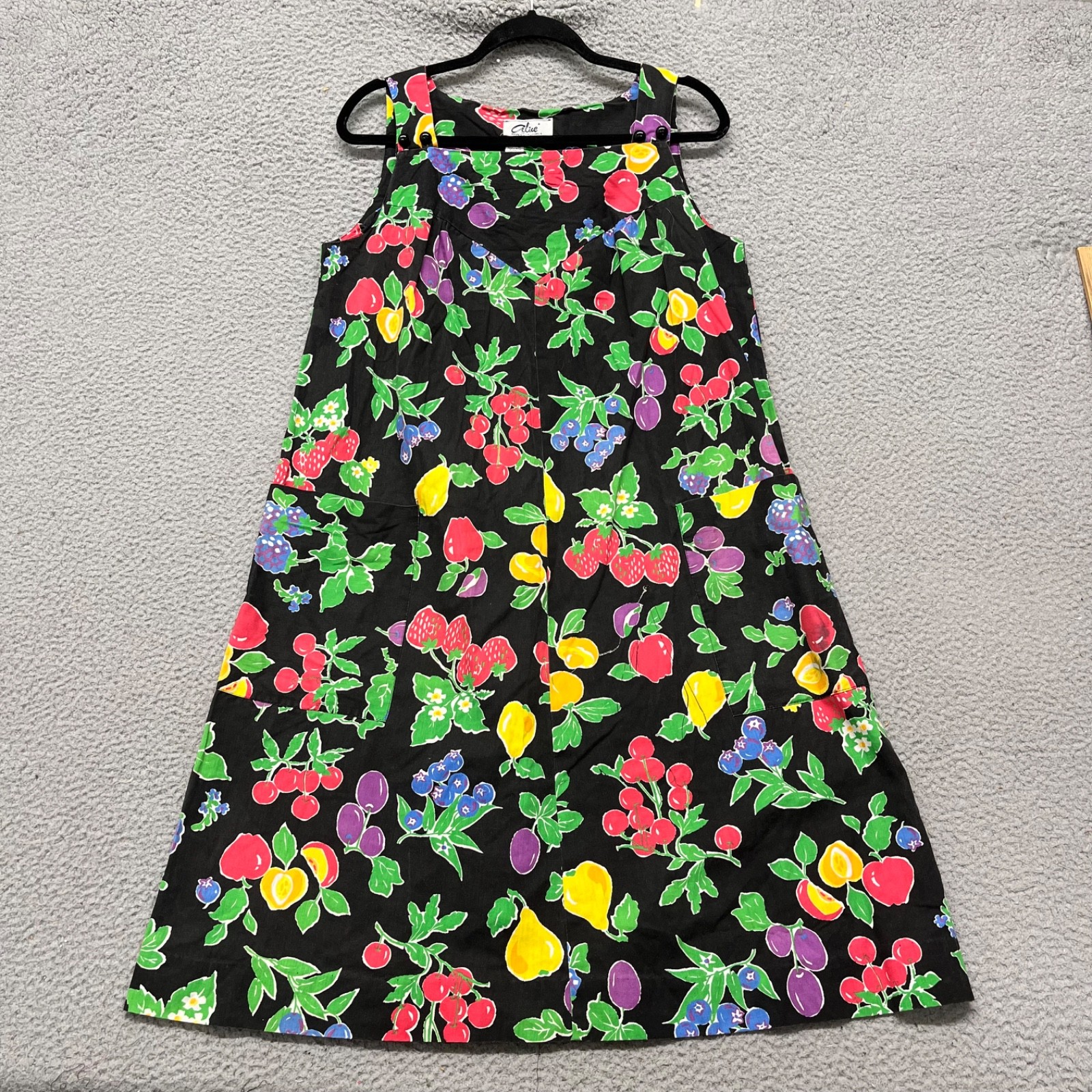 80’s 90’s Summer Dress Womens XL Black Fruits Alice Of California Vintage Mom