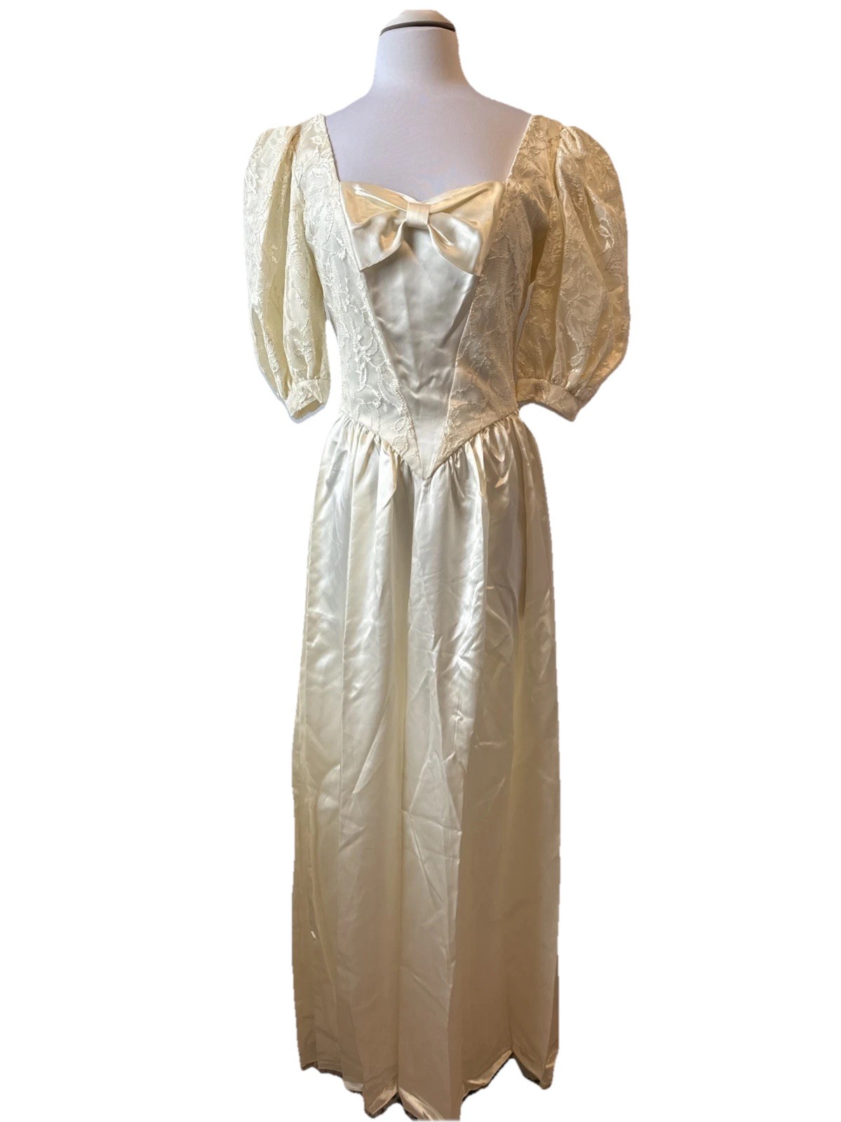 VTG 80s 90s Belle Cosplay Princess Ball Gown Puff Sleeve Lace Bow Satin Dress 8