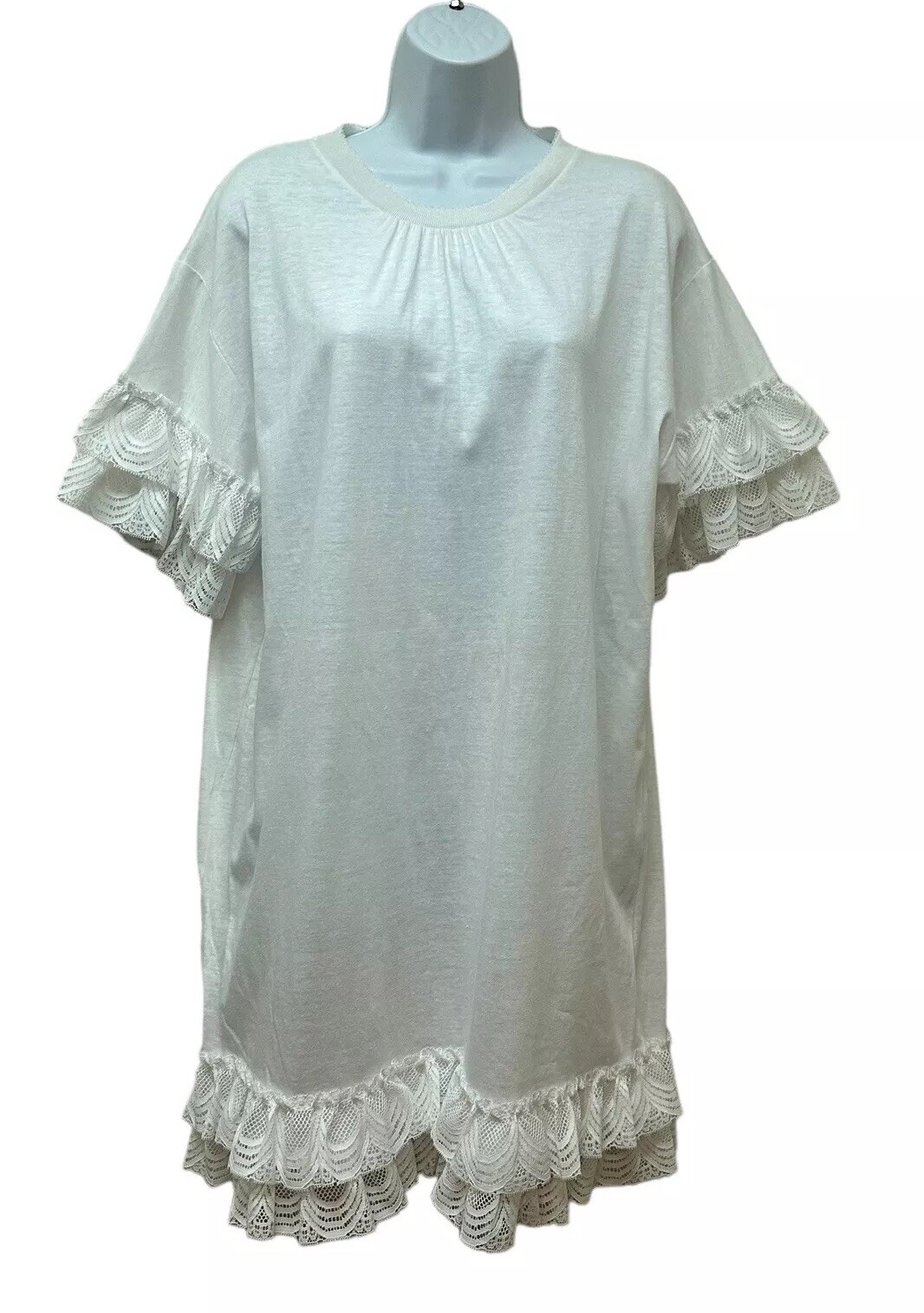 Vintage Cotton T Shirt Dress Puff Flutter Lace Sleeve Dainty Oversized One Size