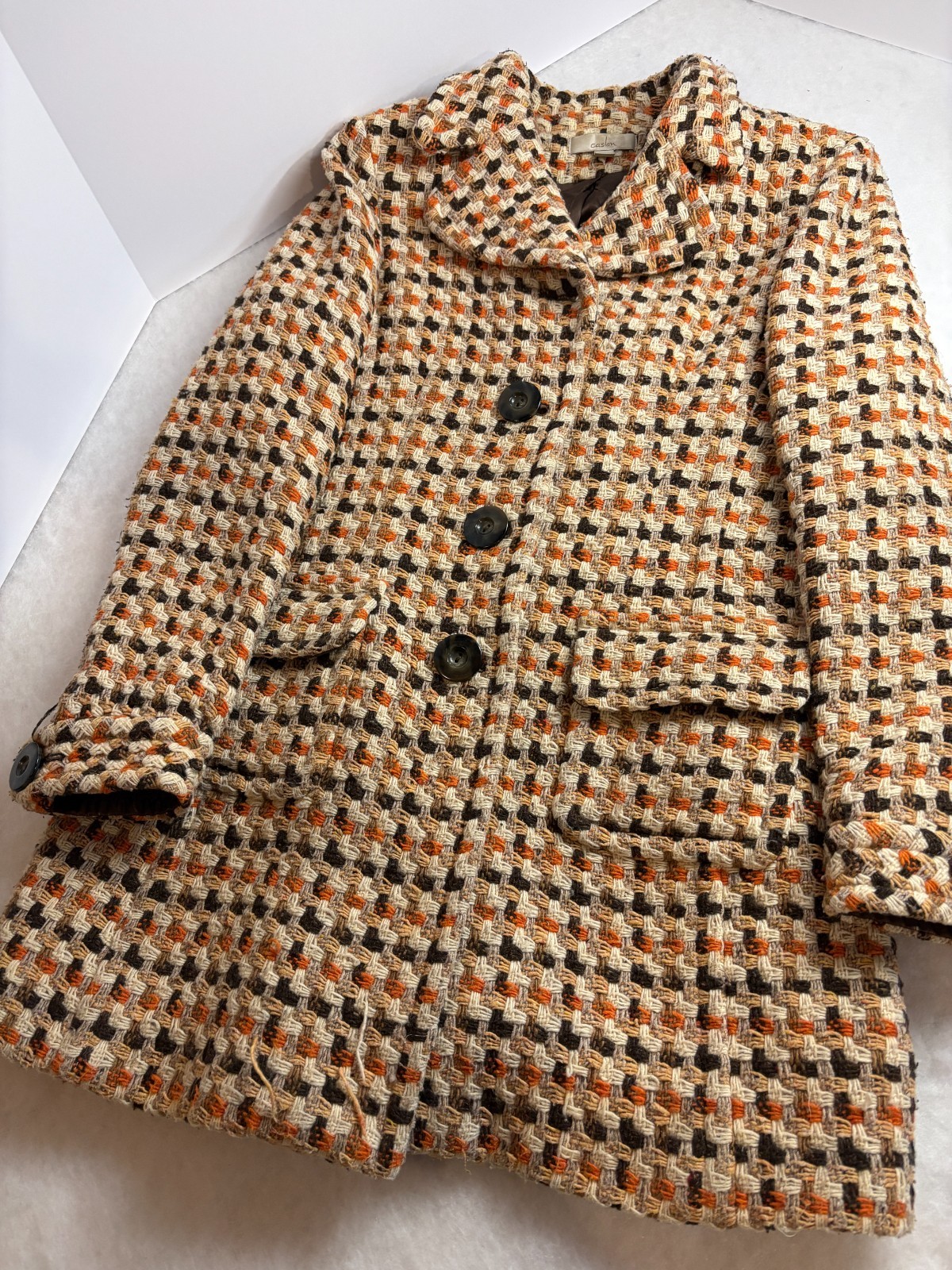 VTG Caslon Wool Woven Tweed Car Coat Brown Orange Women’s Sz L Mod 70’s Style