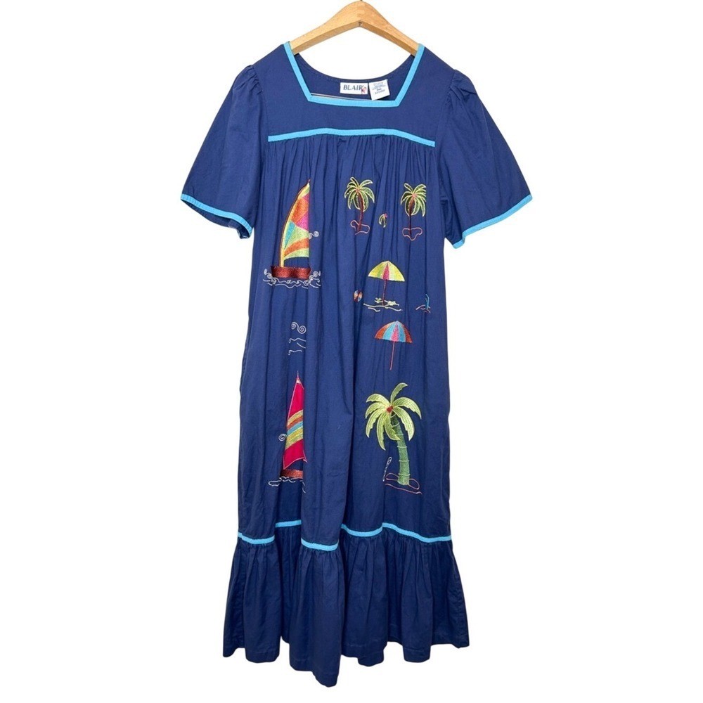 Vintage BLAIR 90’s Nautical Sea Sailboat Embroidered Cotton Midi Dress Blue S