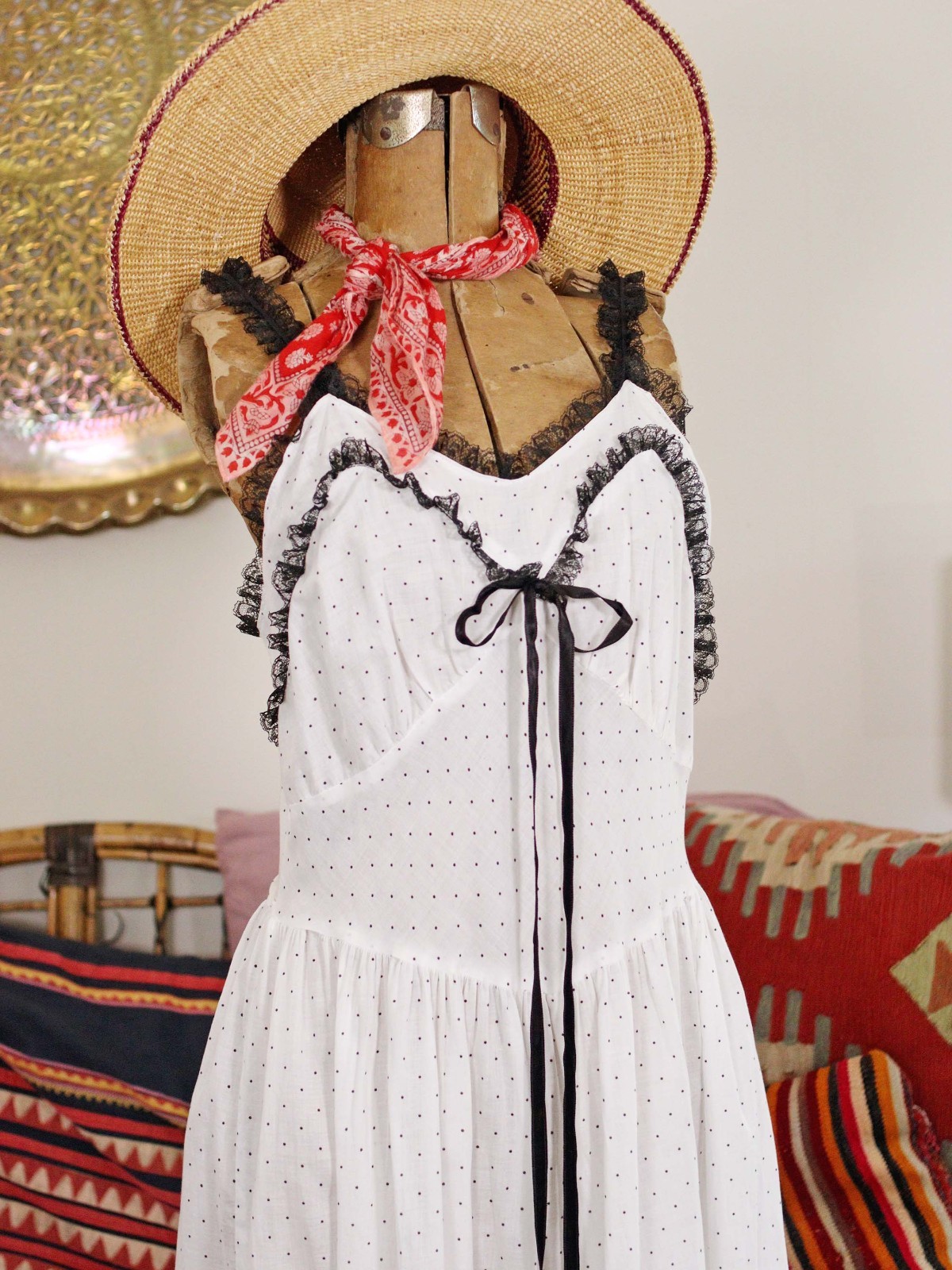 VTG 1950s White Ditsy Polka Dot Cotton Midi Slip Lingerie Dress with Black Lace