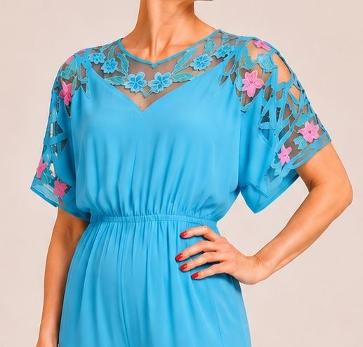 Vintage 90s Bali Crochet Embroidered Cutwork Blue Jumpsuit, NWT, Size Medium M