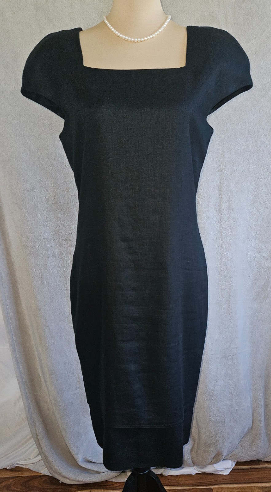 Vintage Rare St. Gillian Womens Black Linen Midi Dress Size 6 Square Neck Office