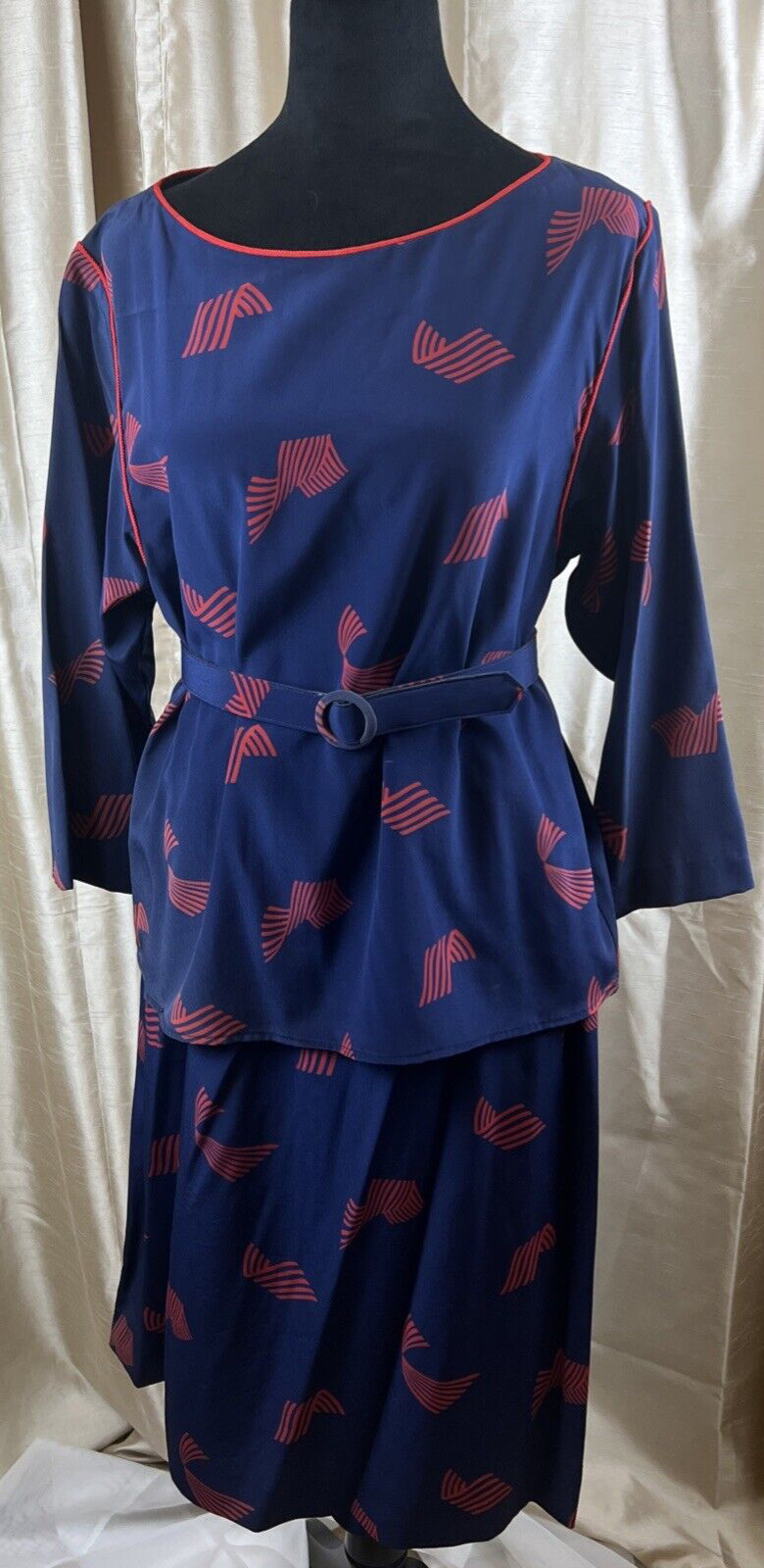 John Meyer 2 Piece Skirt Set Women’s sz 14 Navy Red 3/4 Sleeve w/ Belt VTG