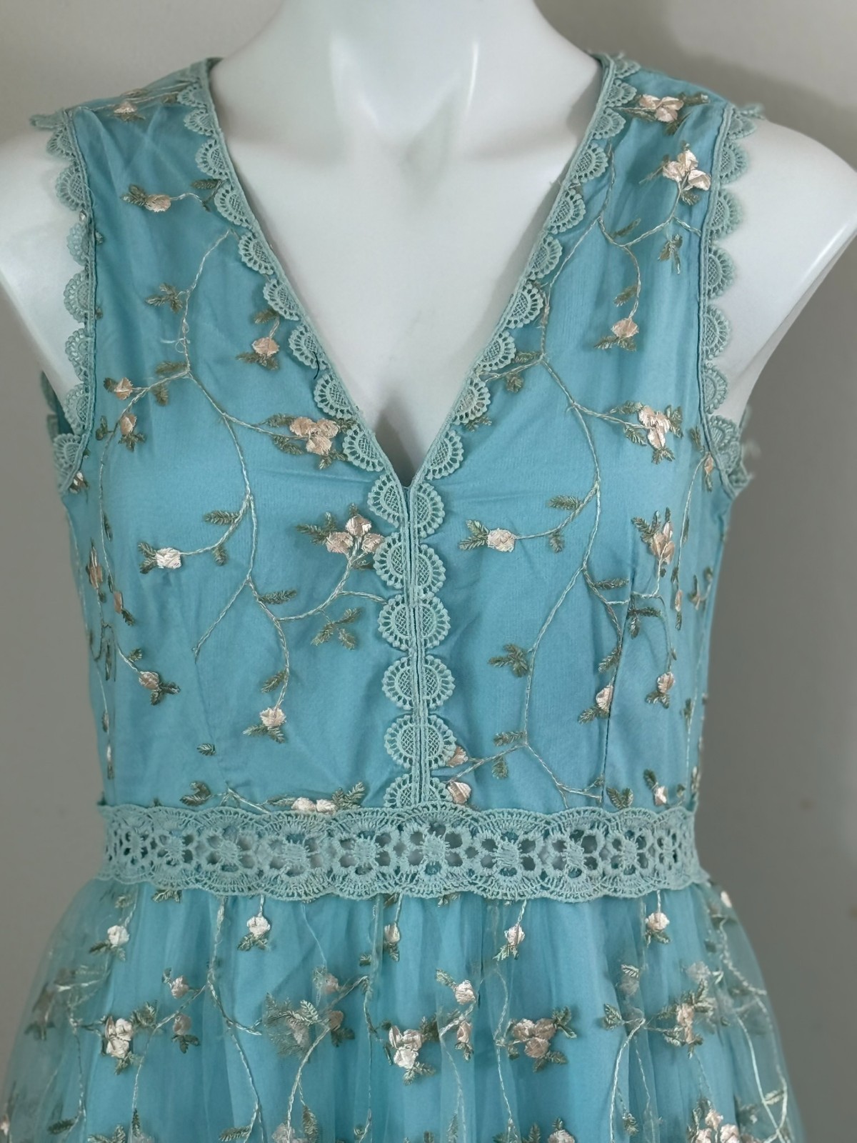 Fairycore Blue Embroidered Mesh Maxi Dress Women’s Large Cottagecore