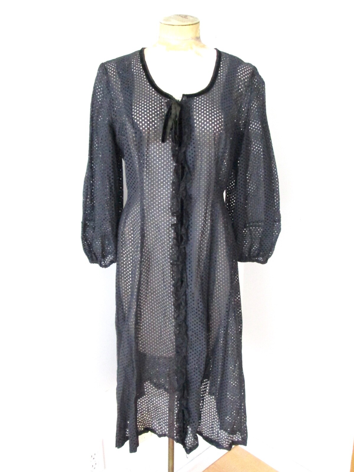 Antique 30s black cotton 2-pc dress top eyelet cutout dots lace velvet trim M