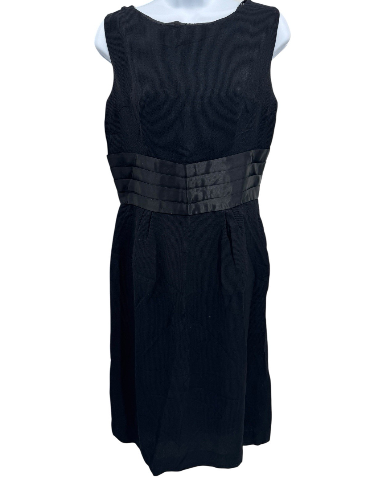 Vtg Black Ribbed Taffeta Sleeveless Sheath Dress Cummerbund Womens 32″ Chest