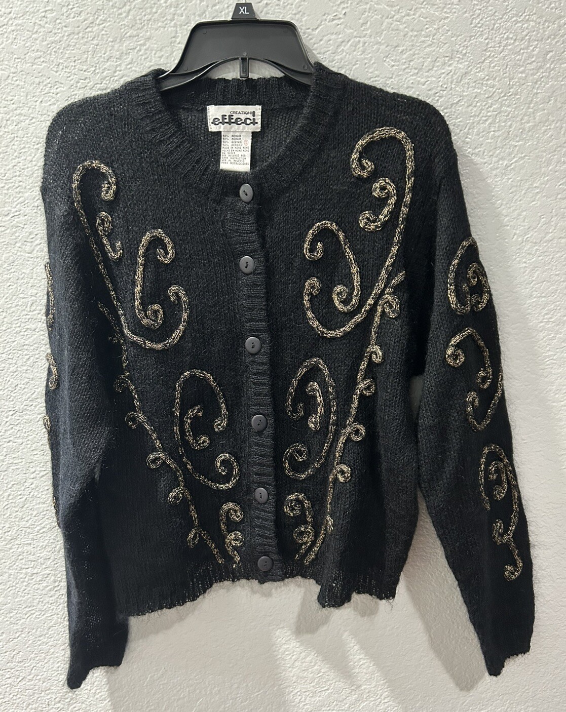 Vintage Effeci Creazioni Mohair Blend Black & Gold Women’s Cardigan Size Small