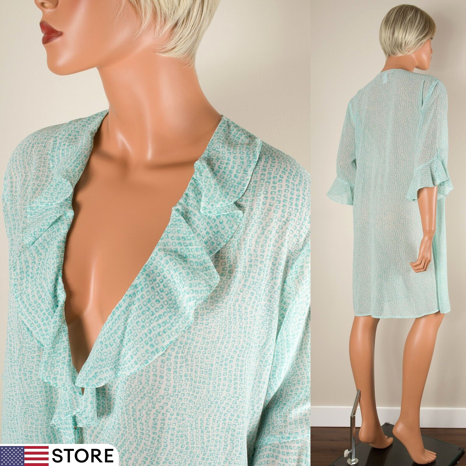 💖 OSCAR DE LA RENTA Vintage Aqua Green Robe 3/4 Sleeve Ruffle S/M Missing Belt
