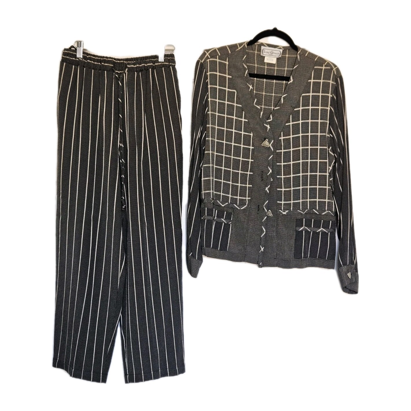 Vtg Saint Germain Paris Gray Striped Windowpane Check Tunic Pant Set S