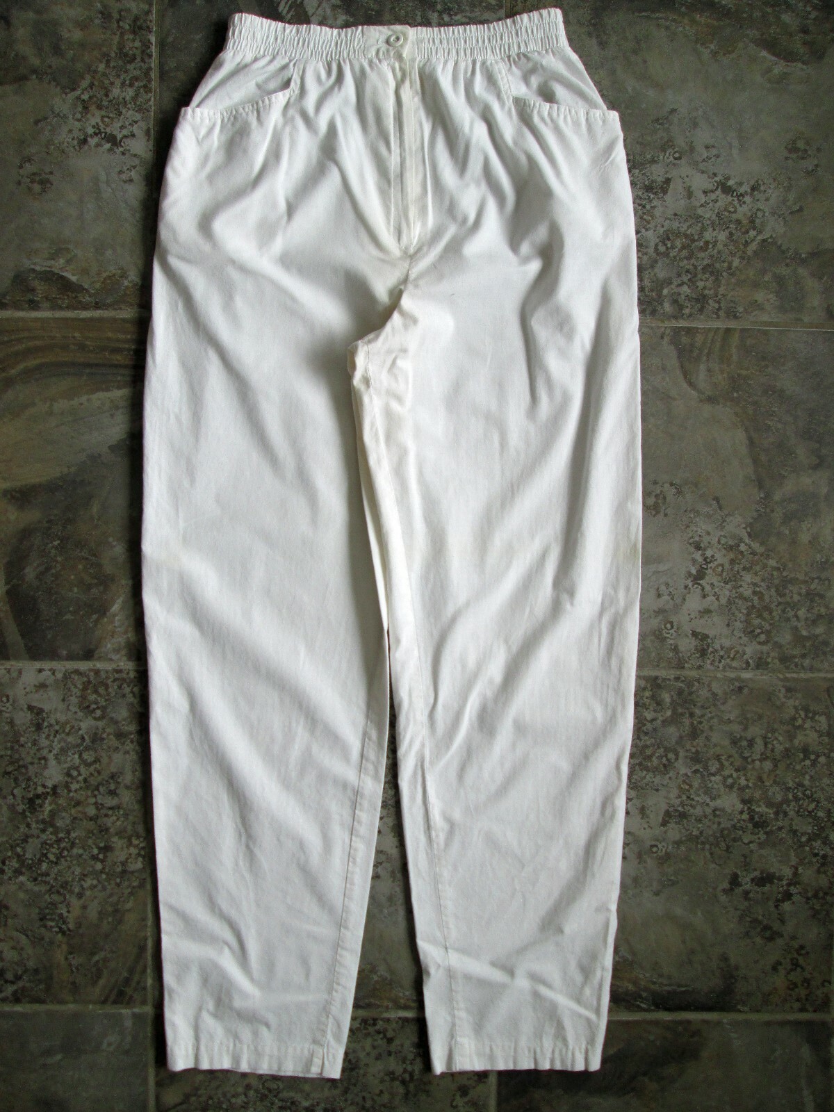 VTG You Babes Pants +/-26×28.5 White Elastic Hight Waist Full Tapered Leg Hippy