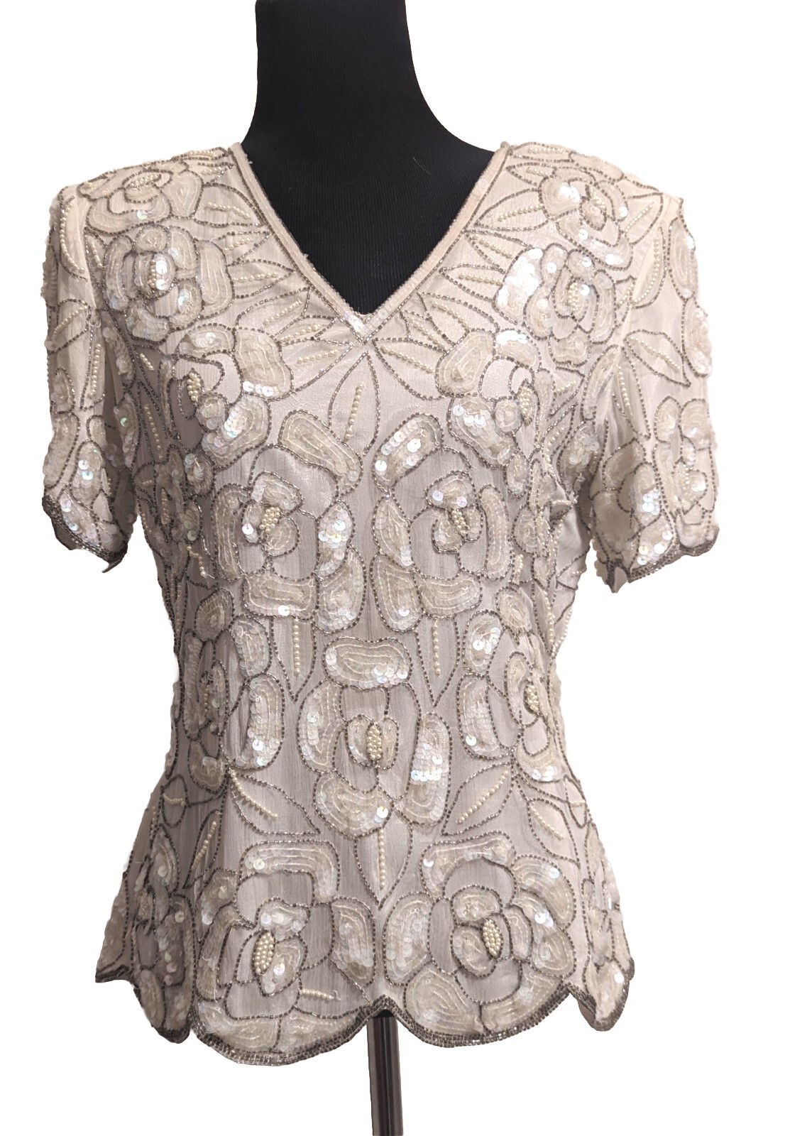 Vtg Adrianna Papell Silk Sequin/Bead Evening Top Ivory Bac Zip Lined Sz S(US4-6)