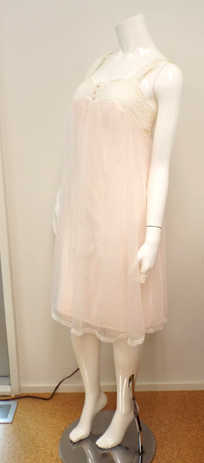 Vintage Warner Laros Nylon Double Layer Pink Sheer Night Gown 32 Bra Top Lace