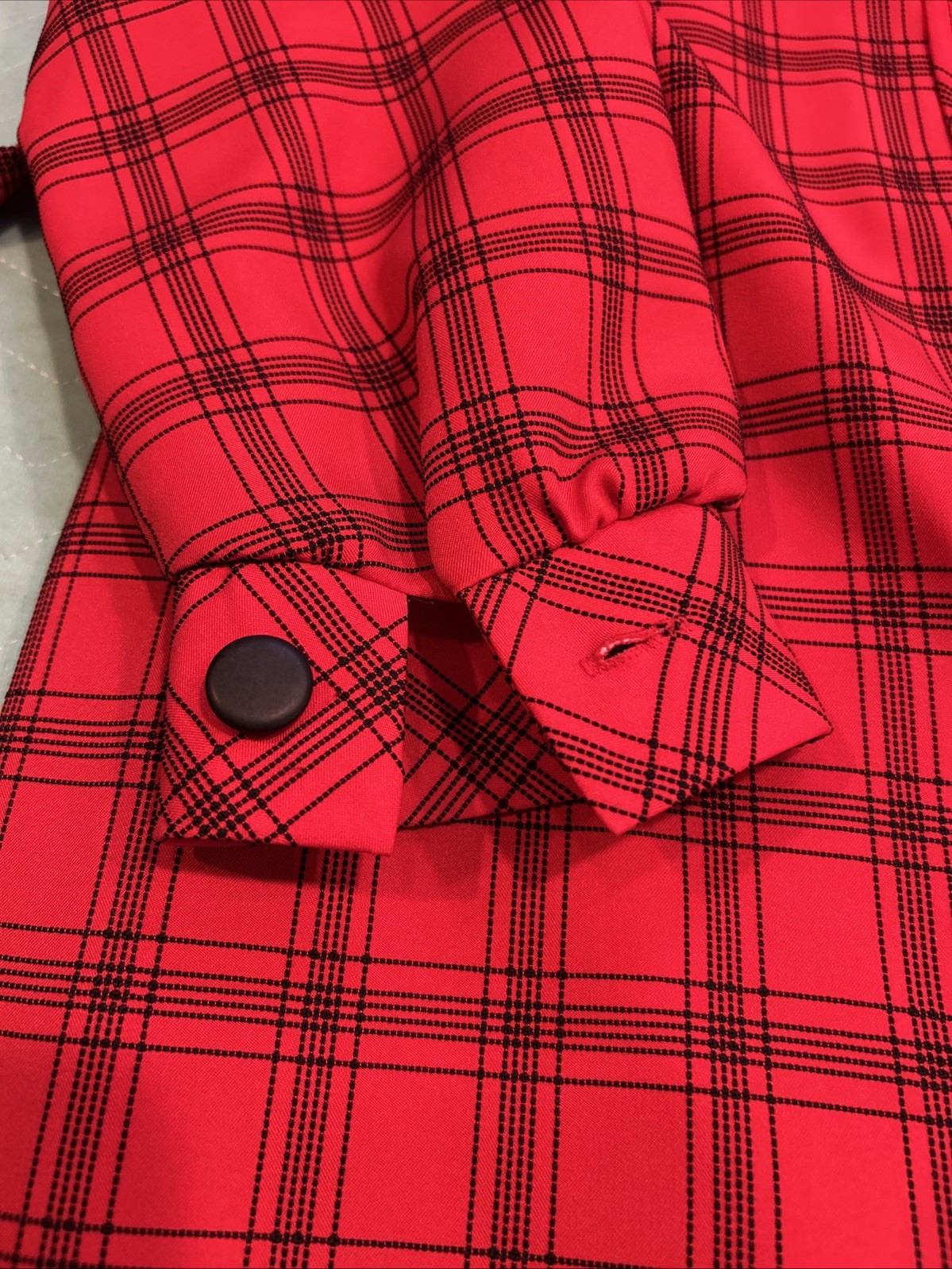 Vintage Red Black Plaid stripes Shirt Dress Polyester Knit Medium Large EUC