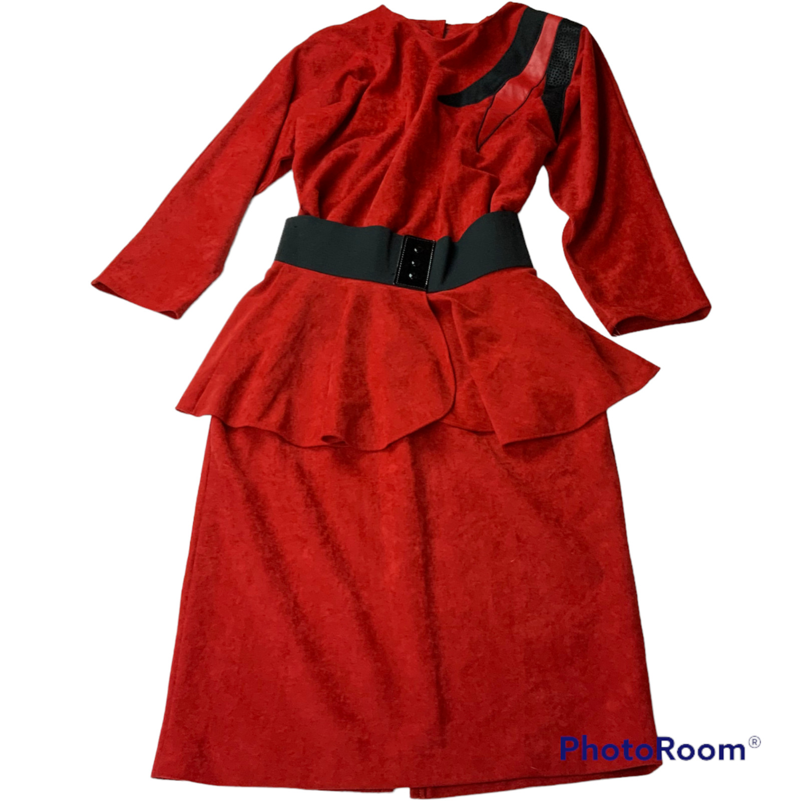 Vintage Women’s Size 5 Dress Red Black Peplum Polyester Faux Leather Soft Midi