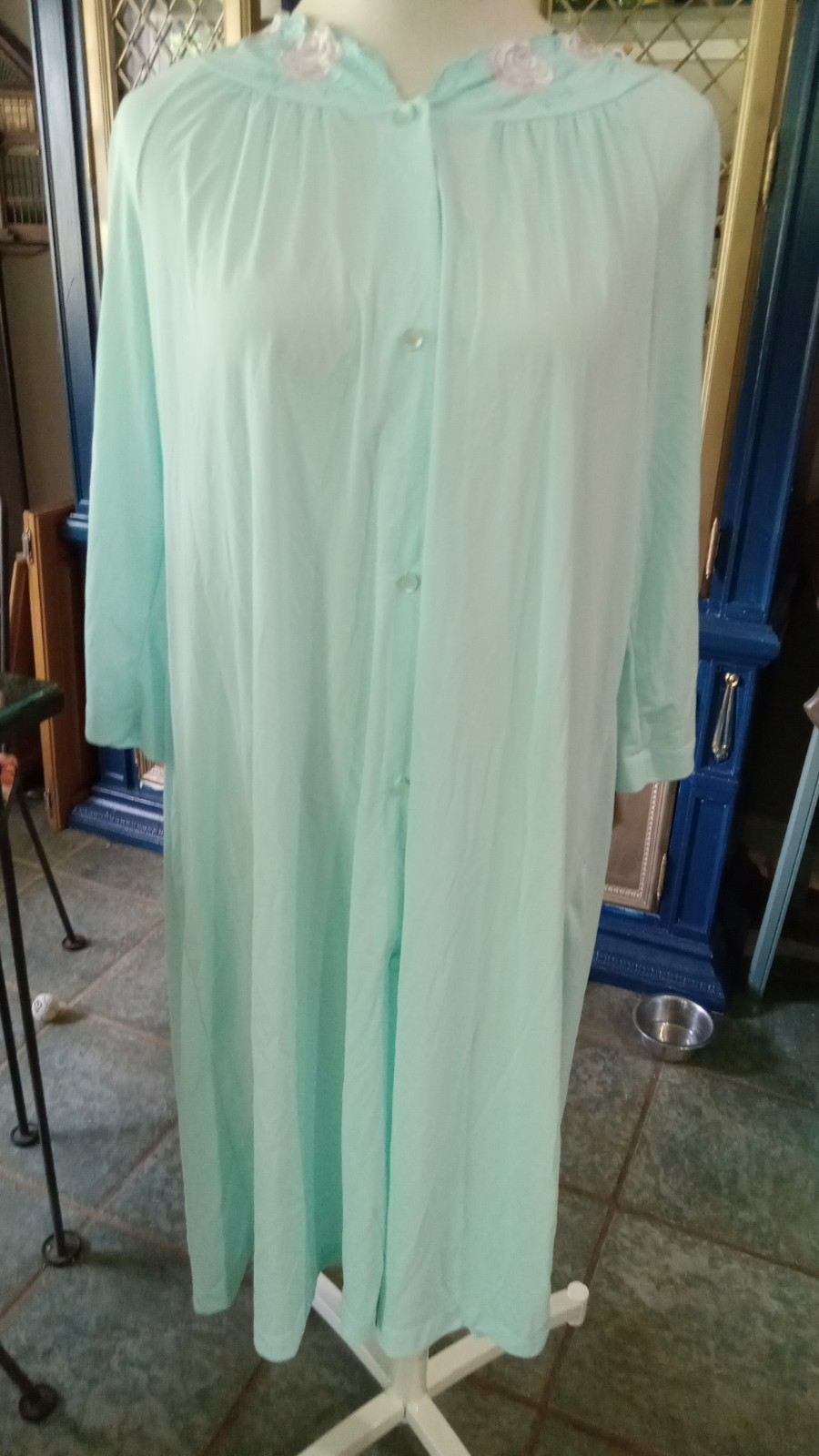 Vintage Lingerie Aqua Blue Shadowline Robe Housecoat Rosebud Lace Button Nylon S