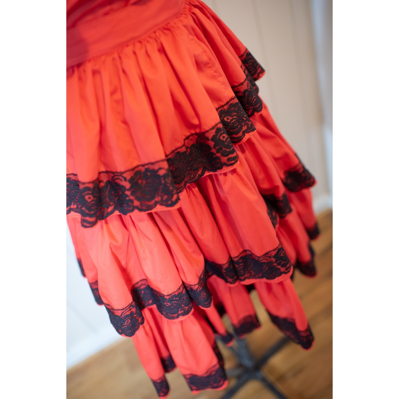 Vintage 50s 60s Square Dance Set, Red Black Lace Ruffle Skirt & Blouse, Fiesta S