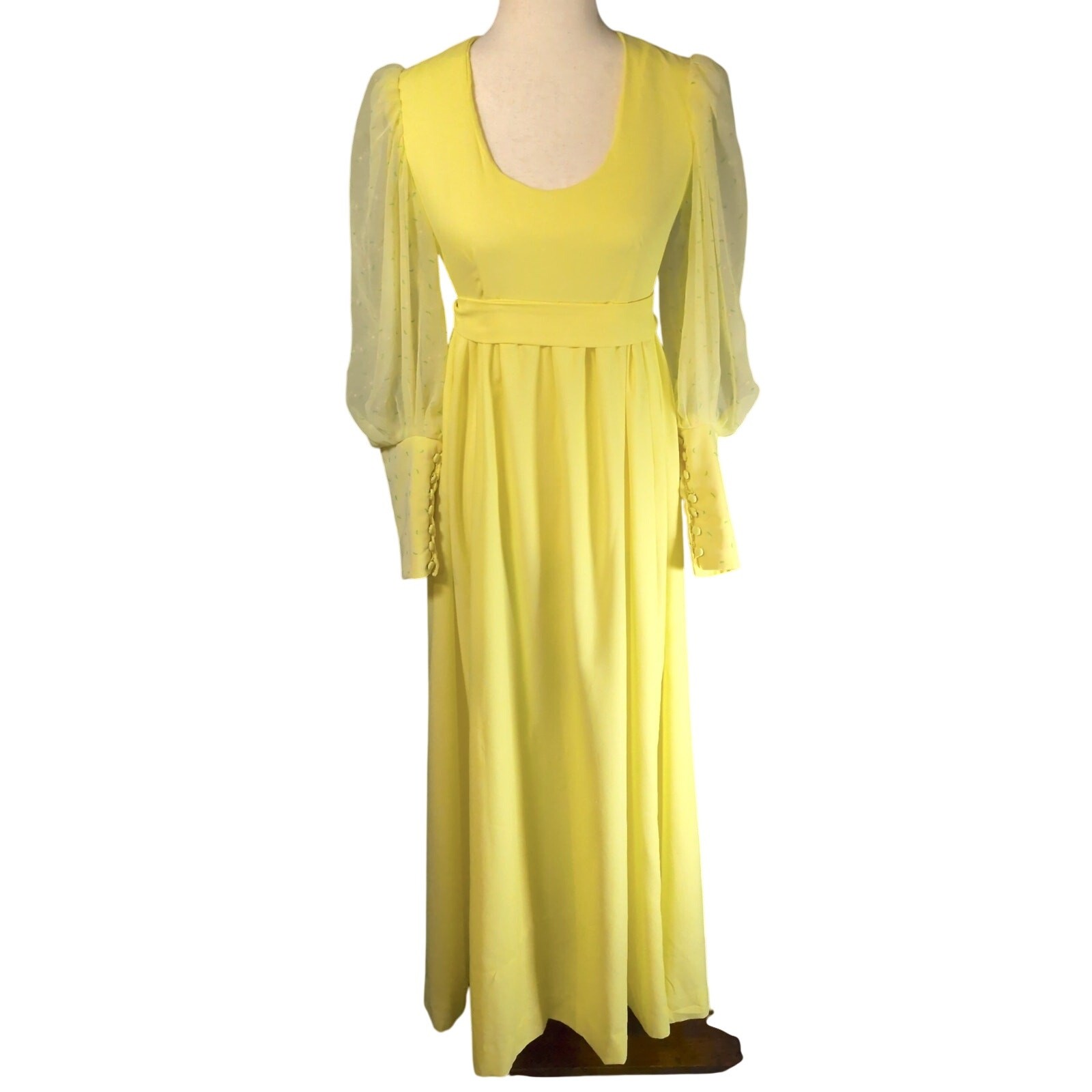 Vintage 1970s Yellow Sheer Floral Button Sleeve Empire Waist Belted Maxi Dress
