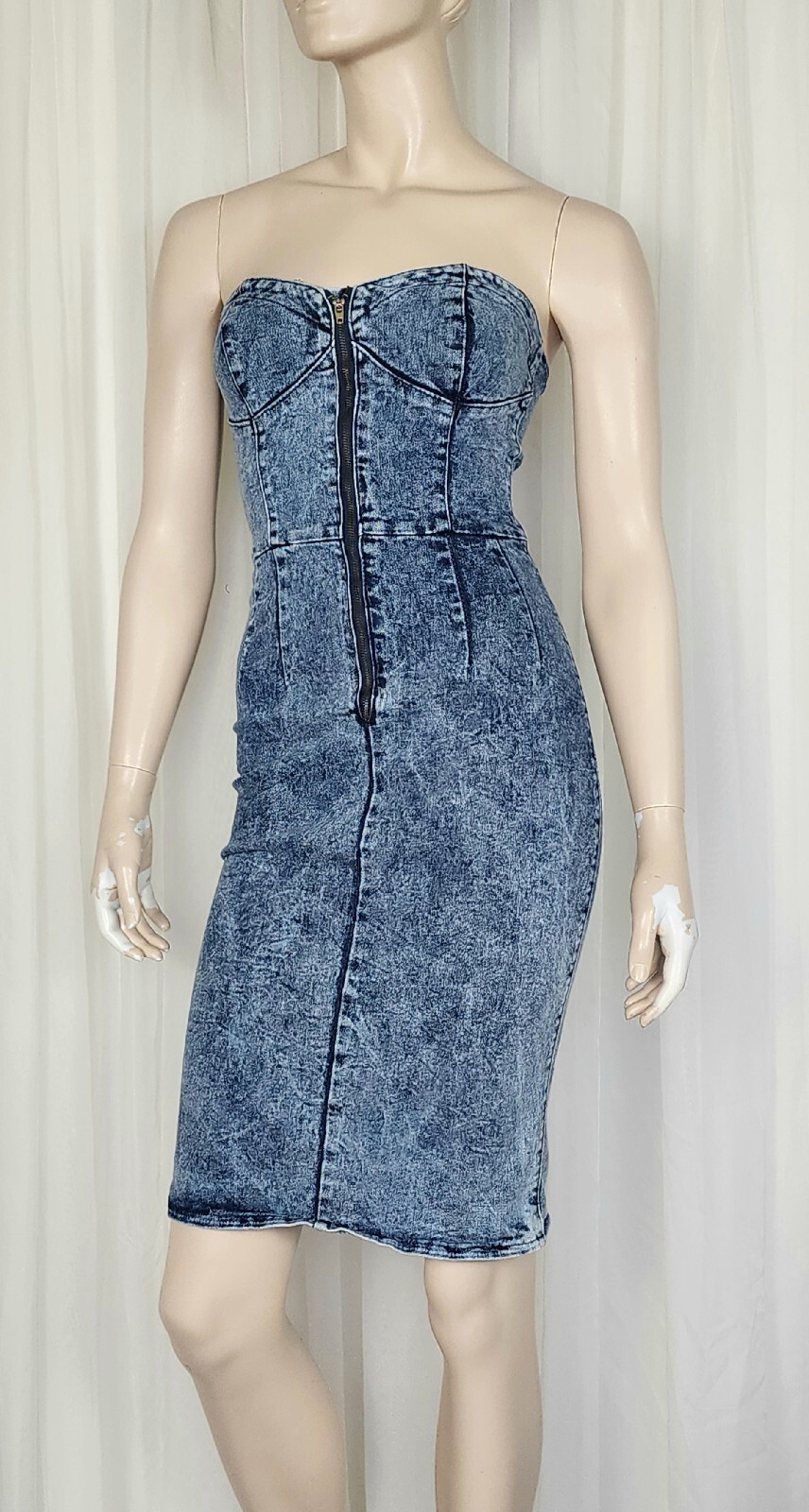 Vtg 80s Fancy Ass acid wash denim front zip strapless mini dress XXS