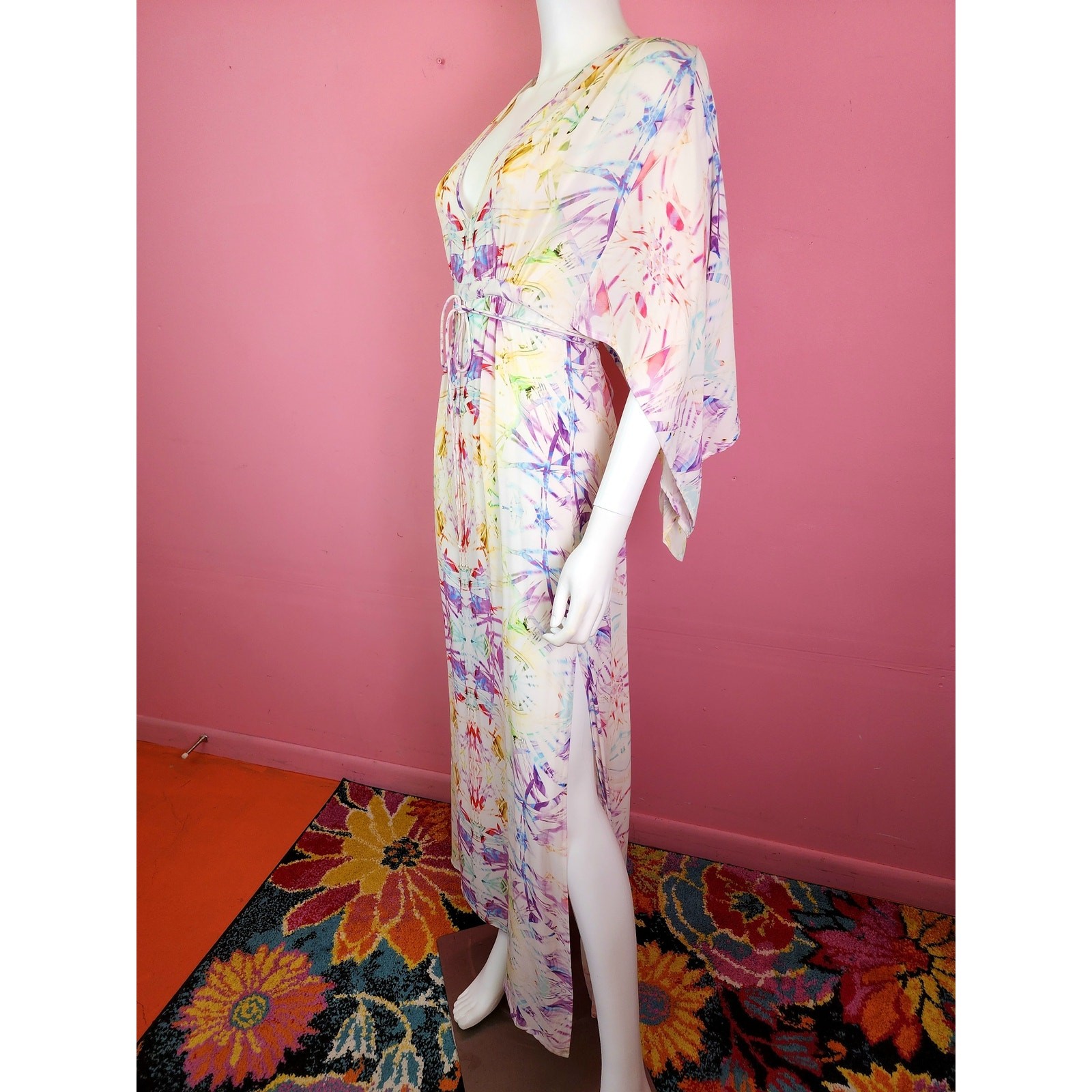 Y2K Tie Dye Silk Caftan White and Pastel Angel Sleeve Maxi Dress