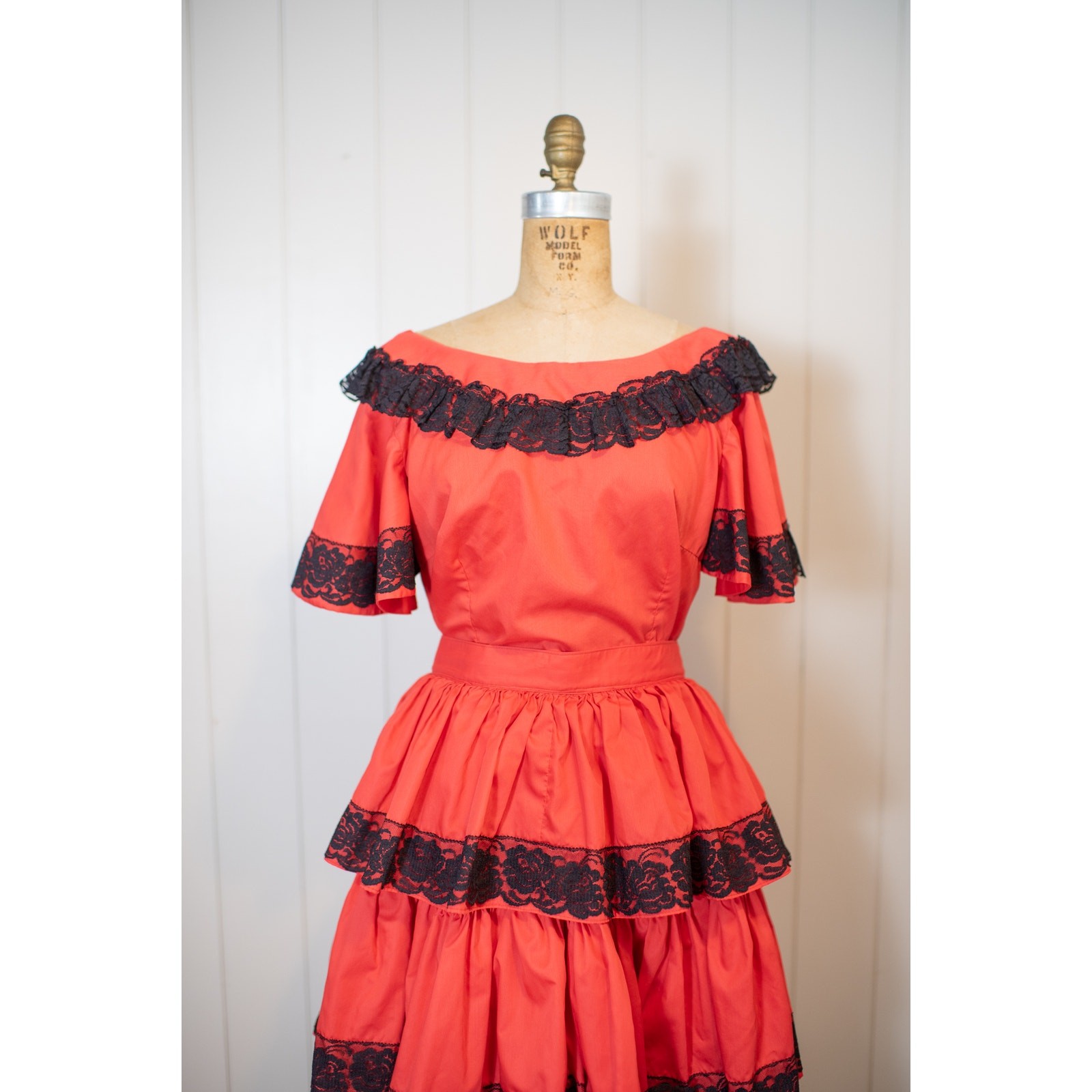 Vintage 50s 60s Square Dance Set, Red Black Lace Ruffle Skirt & Blouse, Fiesta S