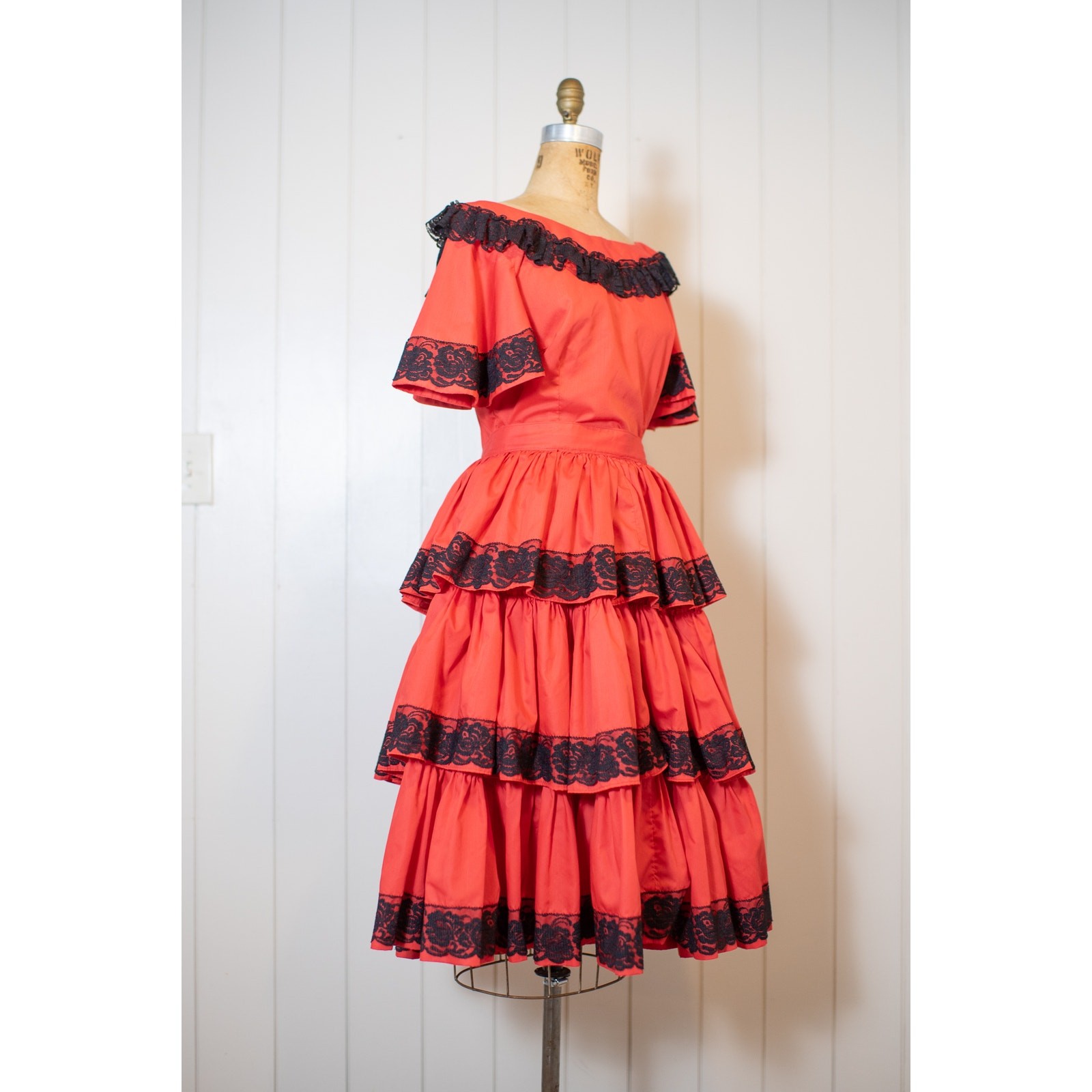 Vintage 50s 60s Square Dance Set, Red Black Lace Ruffle Skirt & Blouse, Fiesta S