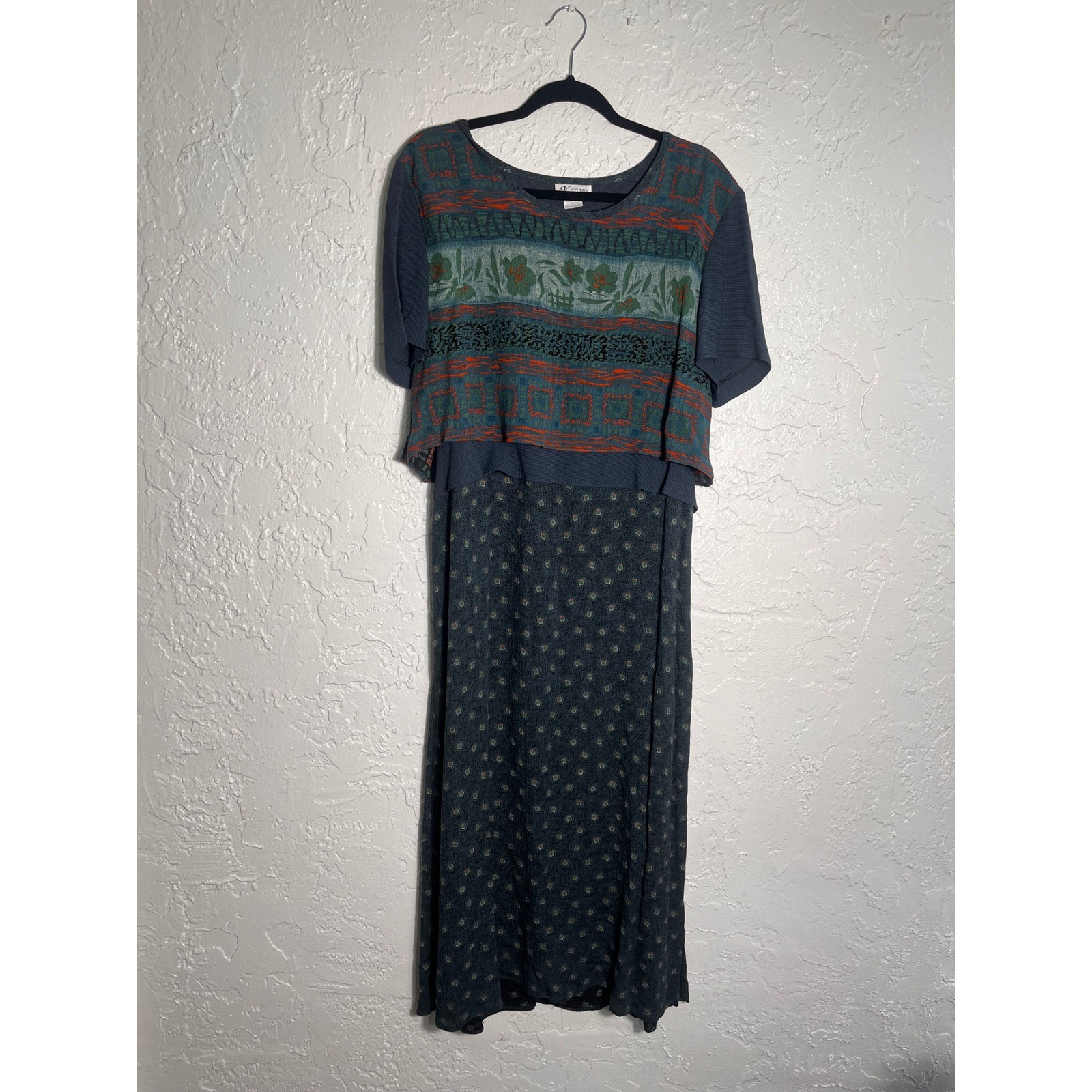 K Studio Popover Layered Dress Womens 12 Blue Green Abstract Boho Midi Rayon