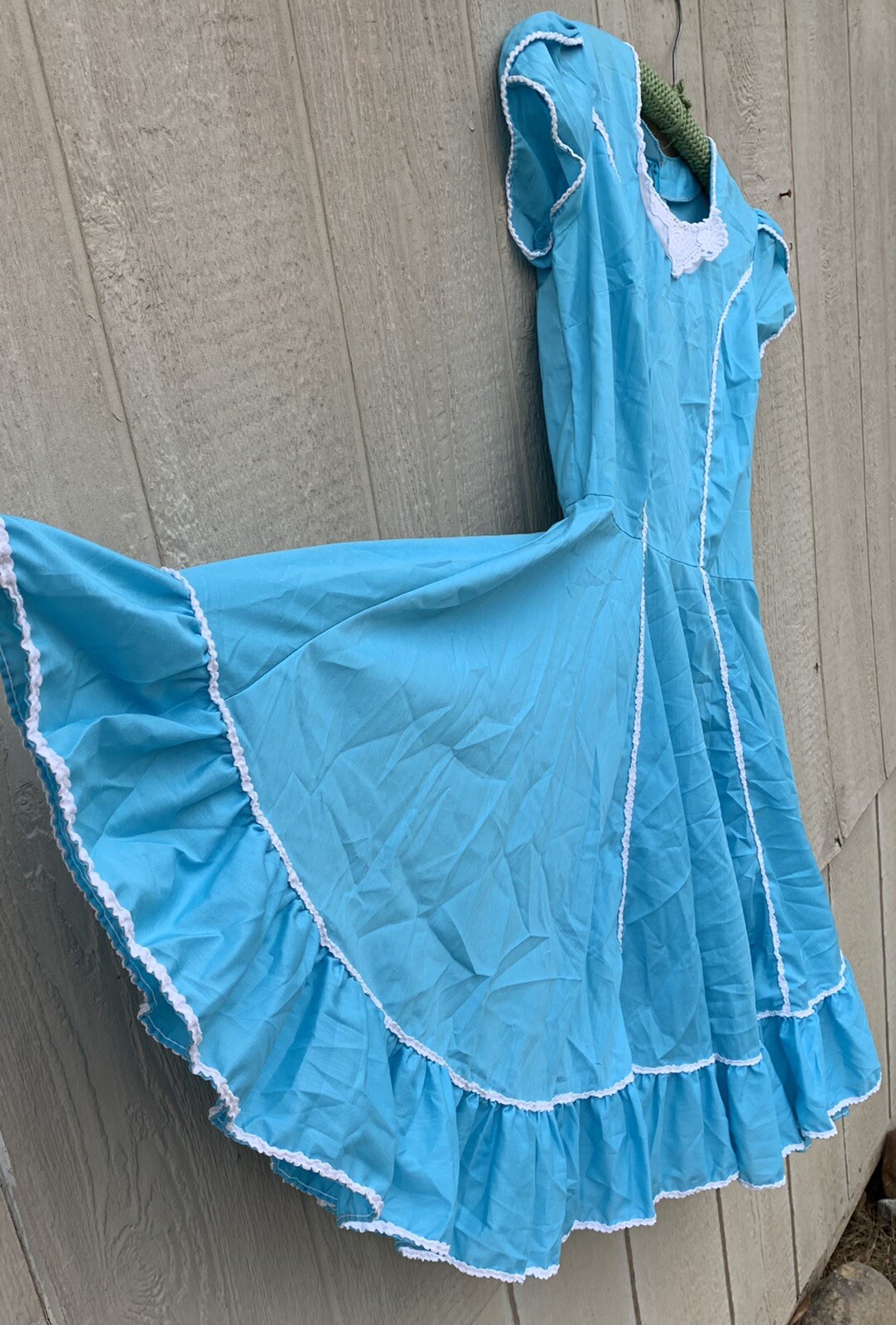 vintage square dance dancing dress with metal zipper blue with white accents